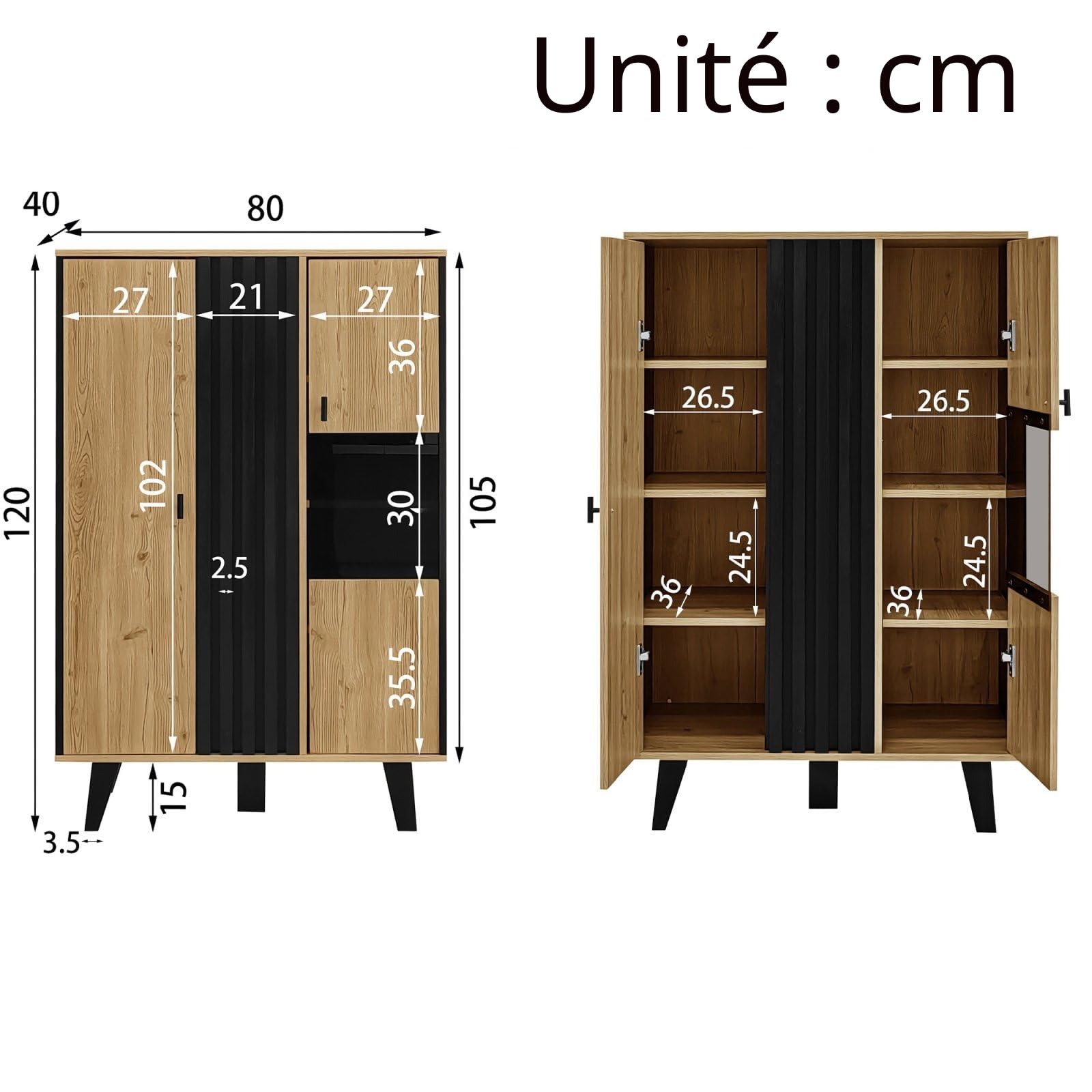 KOMHTOM Buffet noir et bois avec 4 grandes étagères, vitrine avec verre et lumières LED, armoire multifonction pour salon, chambre, couloir et salle à manger (A)