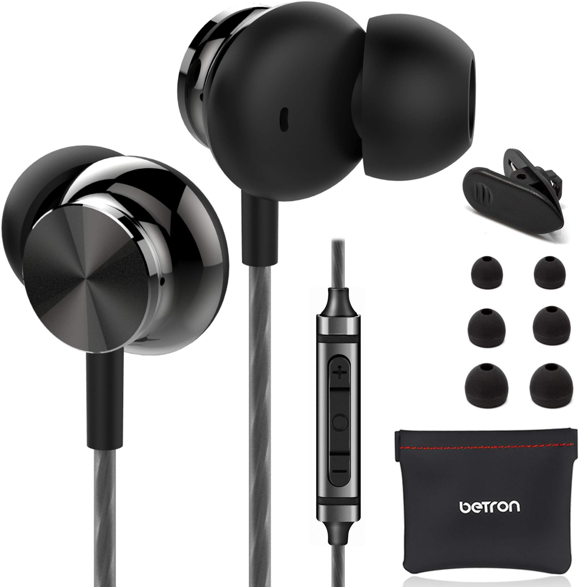 Earbuds, Betron BS10 Noise Isolating in Ear Headphones, Earphones with Microphone, Volume Control and Powerful Bass Sound Includes 3 Different Sized Pairs of Ergonomic Ear Buds and Carry Case, Black