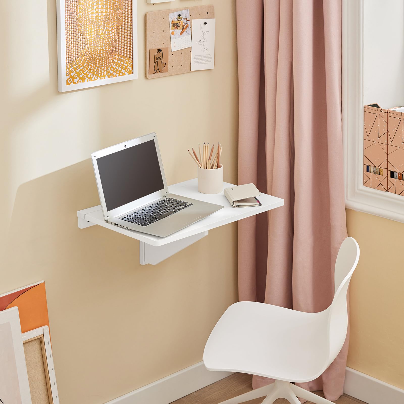 SoBuy Tavolo Pieghevole a Muro, Scrivania per Computer, Tavolo da Cucina Salvaspazio in Legno, Design Compatto e Multifunzionale, Perfetto per Piccoli Spazi Bianco FWT03-W