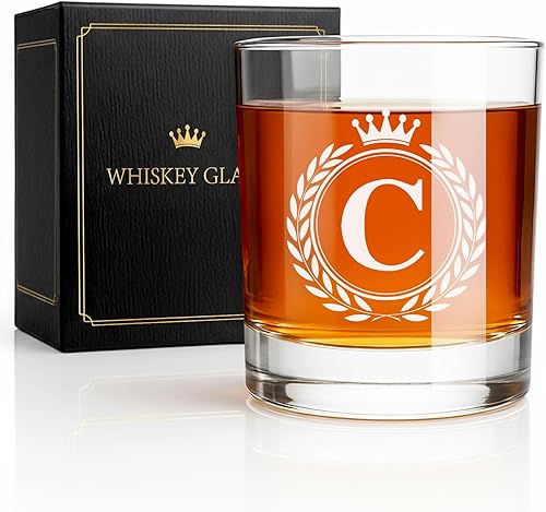 Miniatura 17 de Vasos de whisky Giftissimo - Vasos de rocas estilo antiguo para regalos para hombres, vasos de whisky personalizados con monograma A-Z de 10oz,
