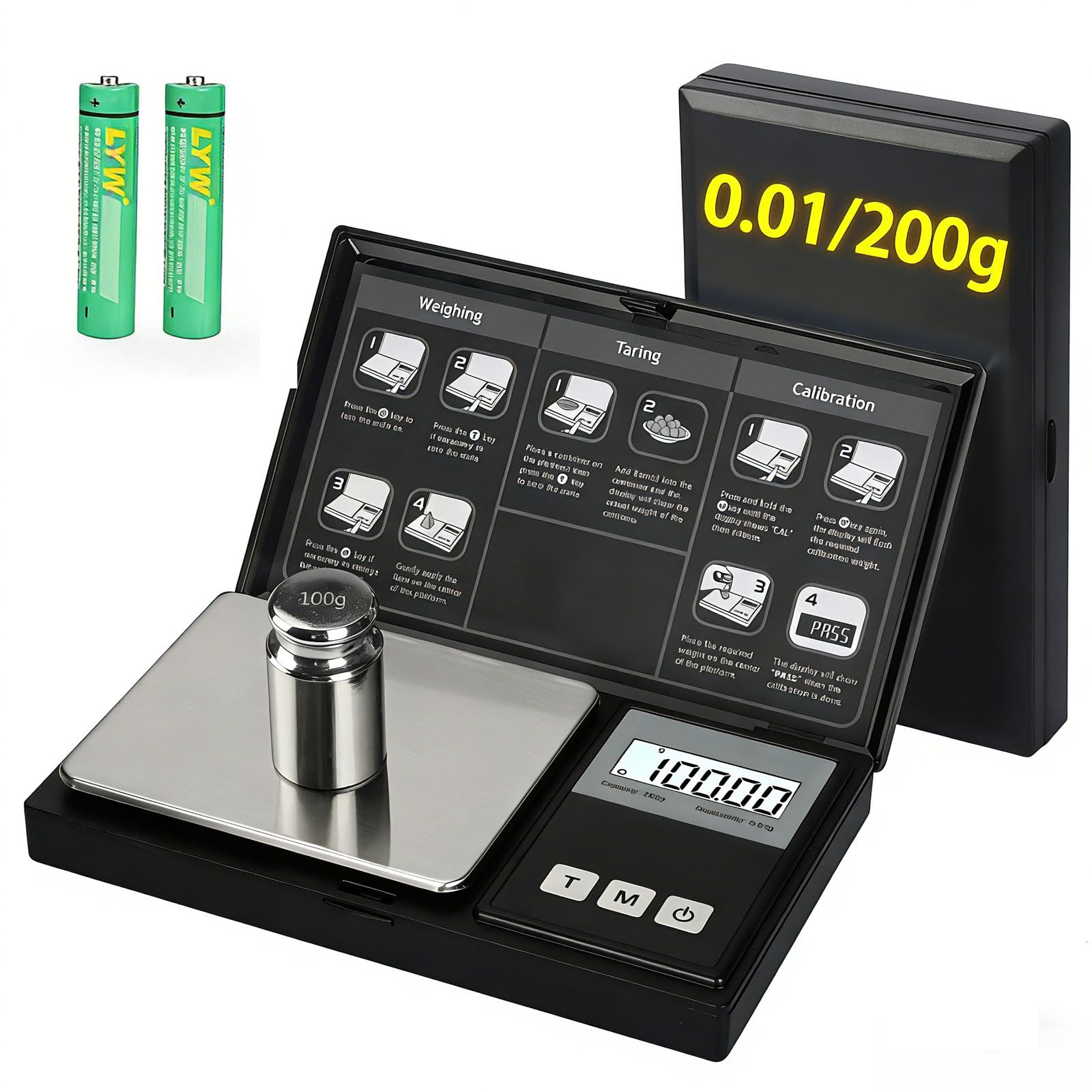 Balance numérique de poche 200 g Précision 0,01 g Mini balance numérique en grammes, petite balance alimentaire, pour bijoux, grains d'onces avec poids d'étalonnage de 100 g (Noir)