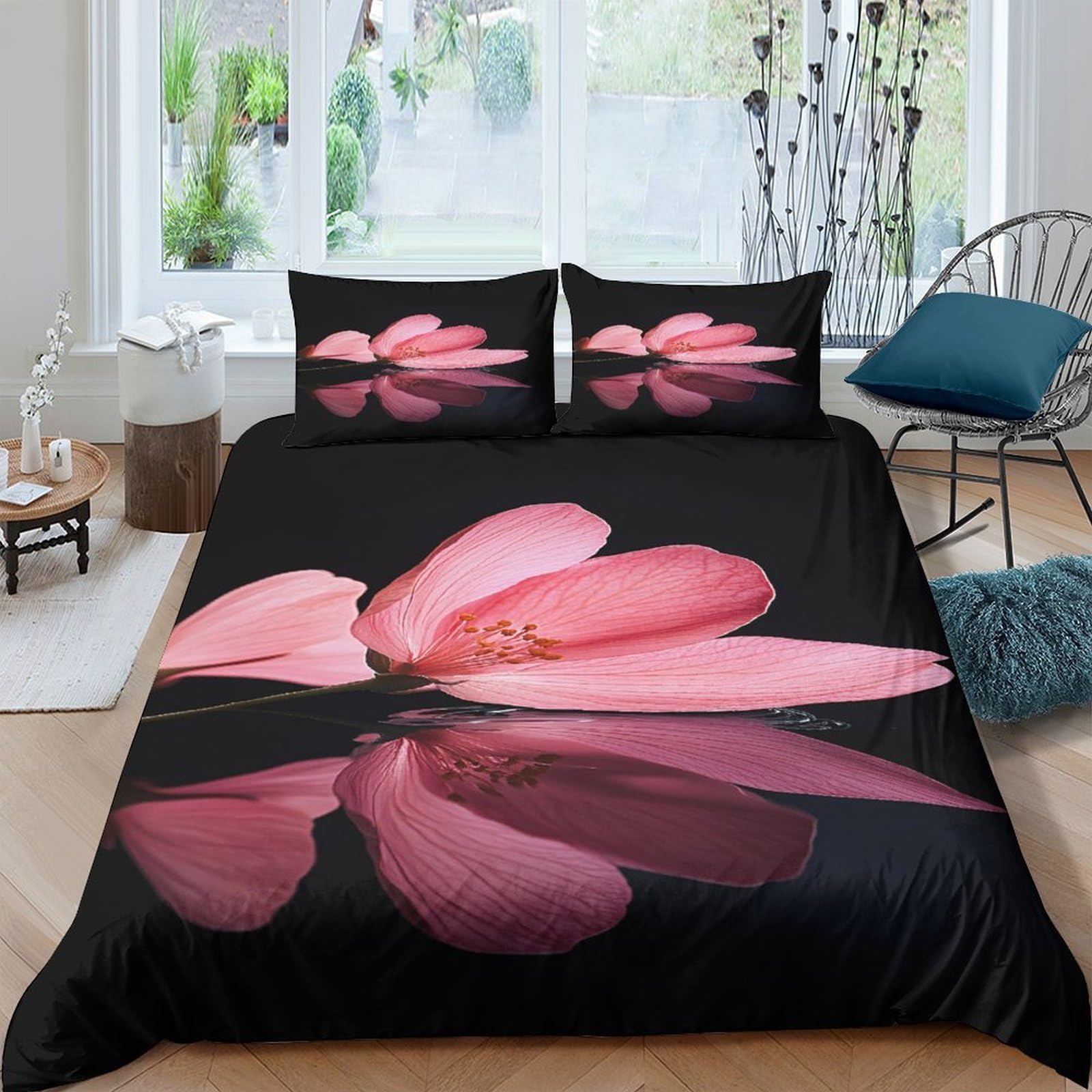 Ctjqhvkz Style-1 3D Printed Pink Lotus Flower Fitted Sheet Microfiber Soft Bed Cover Black Artistic Decor For Bedroom Guest Room Single（135X200cm）