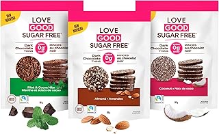 Love Good Fats Sugar Free Keto Candy Snacks - 55% Dark Chocolate Bark Thins Variety Pack - 3g Net Carbs, Gluten-Free, Plant-Based with Naturally Sweet Cocoa - Individually Wrapped Pieces - Almond, Coconut, Mint - 3.4 oz Pouches, 3 Pack