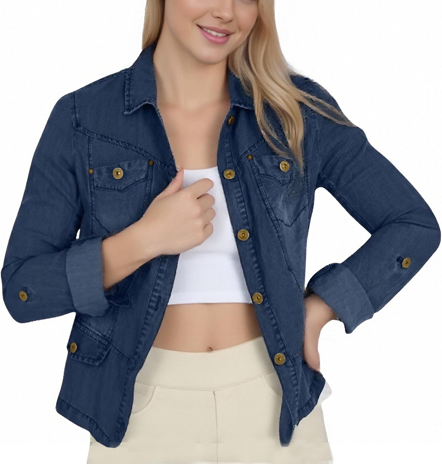 Denim Jacket Women,Solid Color Long Sleeved Jeans Denimed Button Up Shirt Tops,Ladies Autumn Winter Street Style Fashion Coats Outdoor Casual Loose Retro Jackets with Pockets Outerwear S-XXL