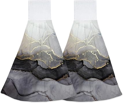 Elightvap 2PCS Black White Gold Marble Kitchen Hand Towels Hanging Tie Towels with Loop & Hook Soft Dishcloths for Bathroom Washroom