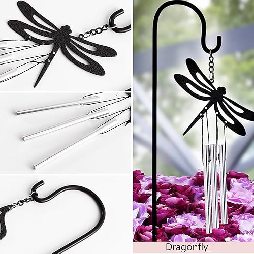 Miniatura 3 de Yeyo Tubo de campana de metal con libélula recubierta negra estaca de campanilla de viento para interiores y exteriores, decoración de bonsái para