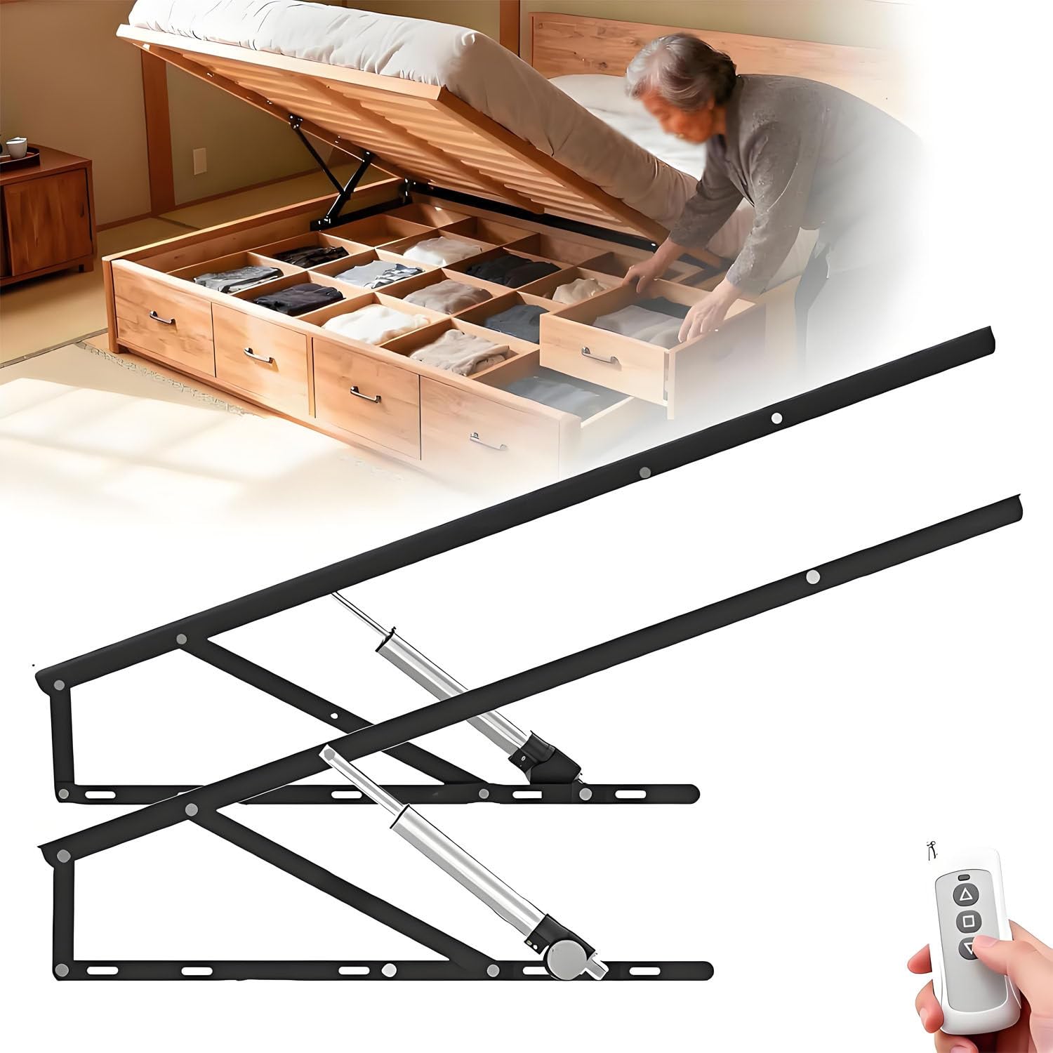 UORDBY Electric Bed Lift Mechanism, 2 PCS Hydraulic Gas Spring Bed Storage Lift Kit, 600kg Load Capacity, with Remote Control for Storage Box Bed Sofa, DIY Project Black-1.1m