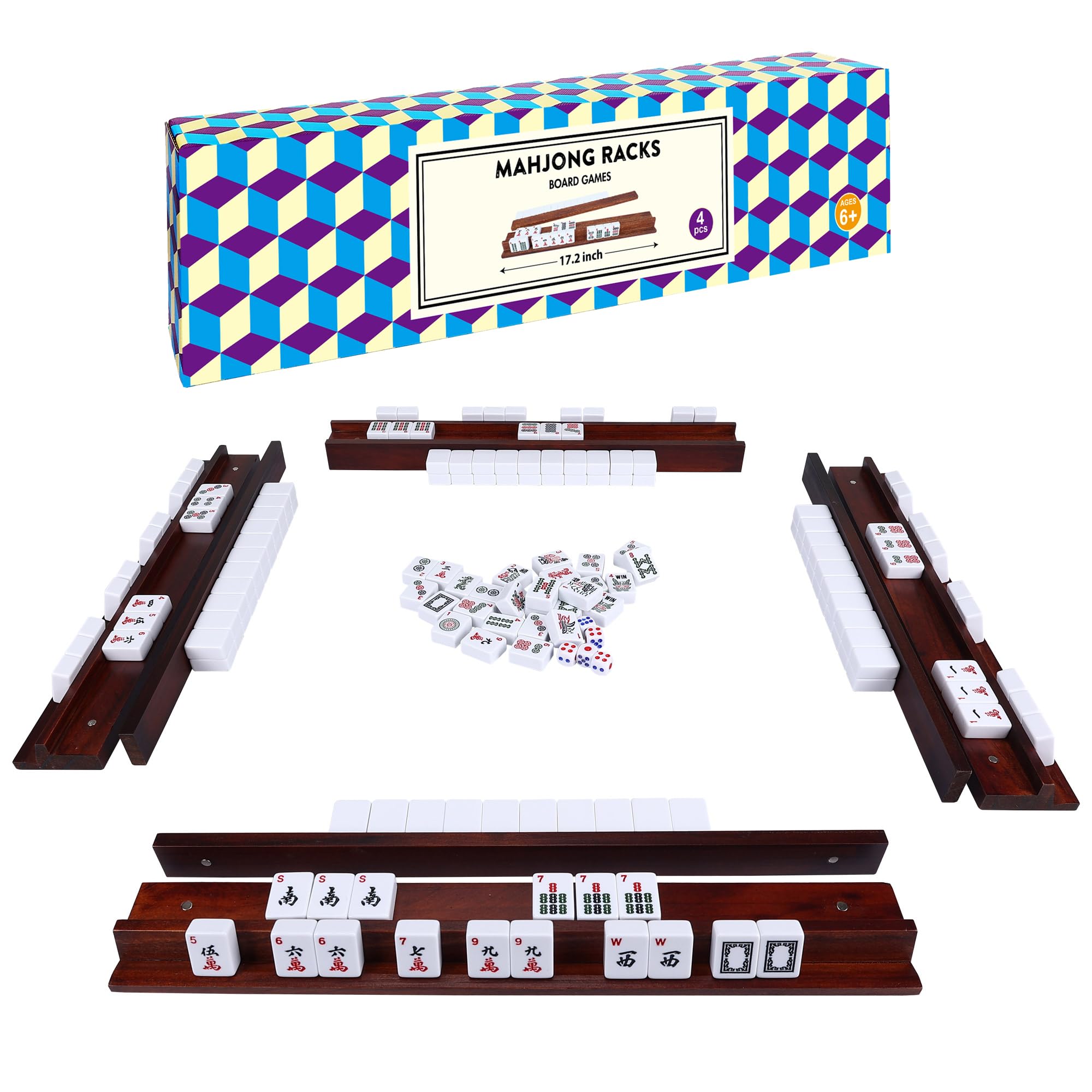 Offelec 17.2 * 1 * 2.4 inch Upgraded Magnetic Mahjong Racks, 4 pcs American Mahjong Racks with Pushers,Wooden Majiang Tile Racks (Includes Magnetically Attached Mahjong Pushers)