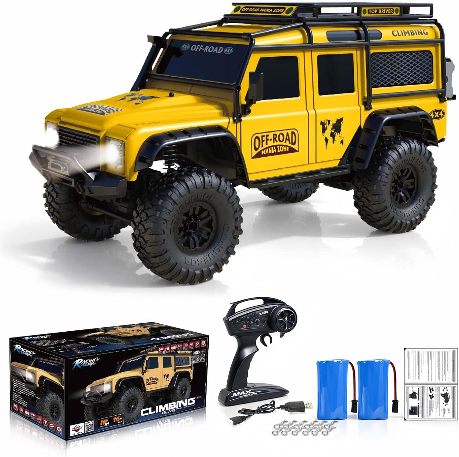 RC Cars RC Crawler 1/10 Scale RTR Remote Control Car 4WD 2.4GHz Brushed Offroad Racing Hobby Grade Model Vehicle with LED Lights 2Pcs Battery Toy for Kids and Adults