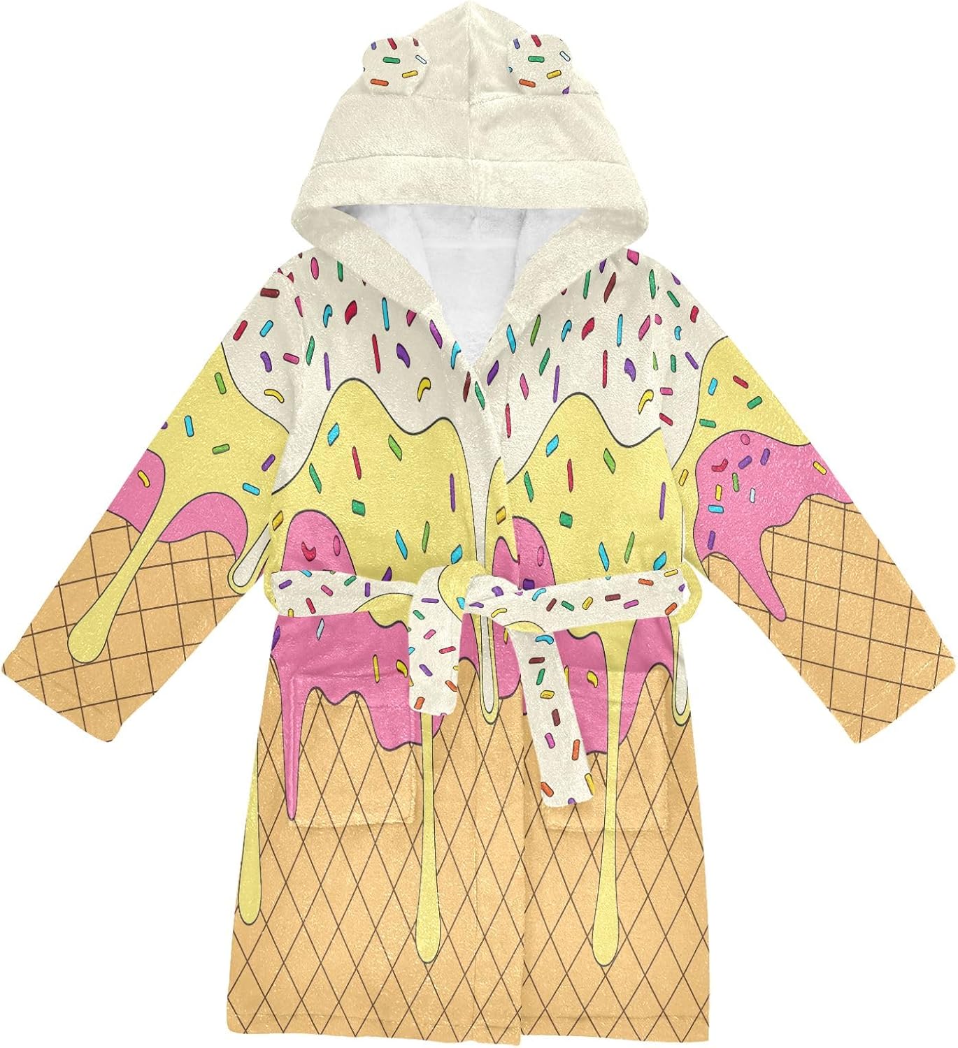 Pink White Icecream Waffle Toddler Hooded Bathrobe for Boys Girls Soft Plush Bath Towel Robe 2-12 Years
