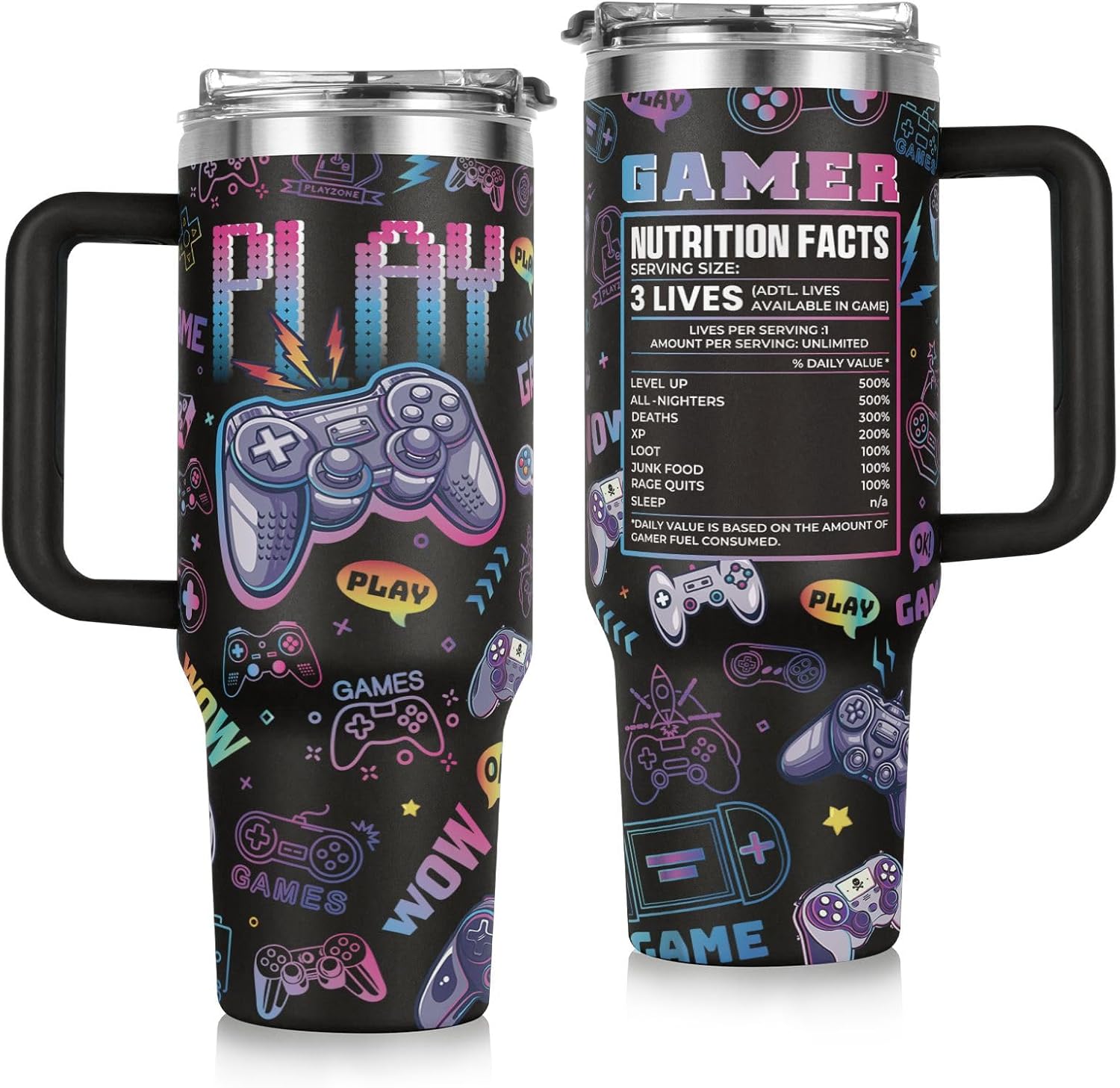 Shqiueos Gamer Gifts for Men Women Teen Boys 40oz Tumbler with Handle Straw Lid, Valentines Birthday Gifts for Son Friends Coworkers, Christmas Funny Gaming Cup for Console Players Game Room Decor