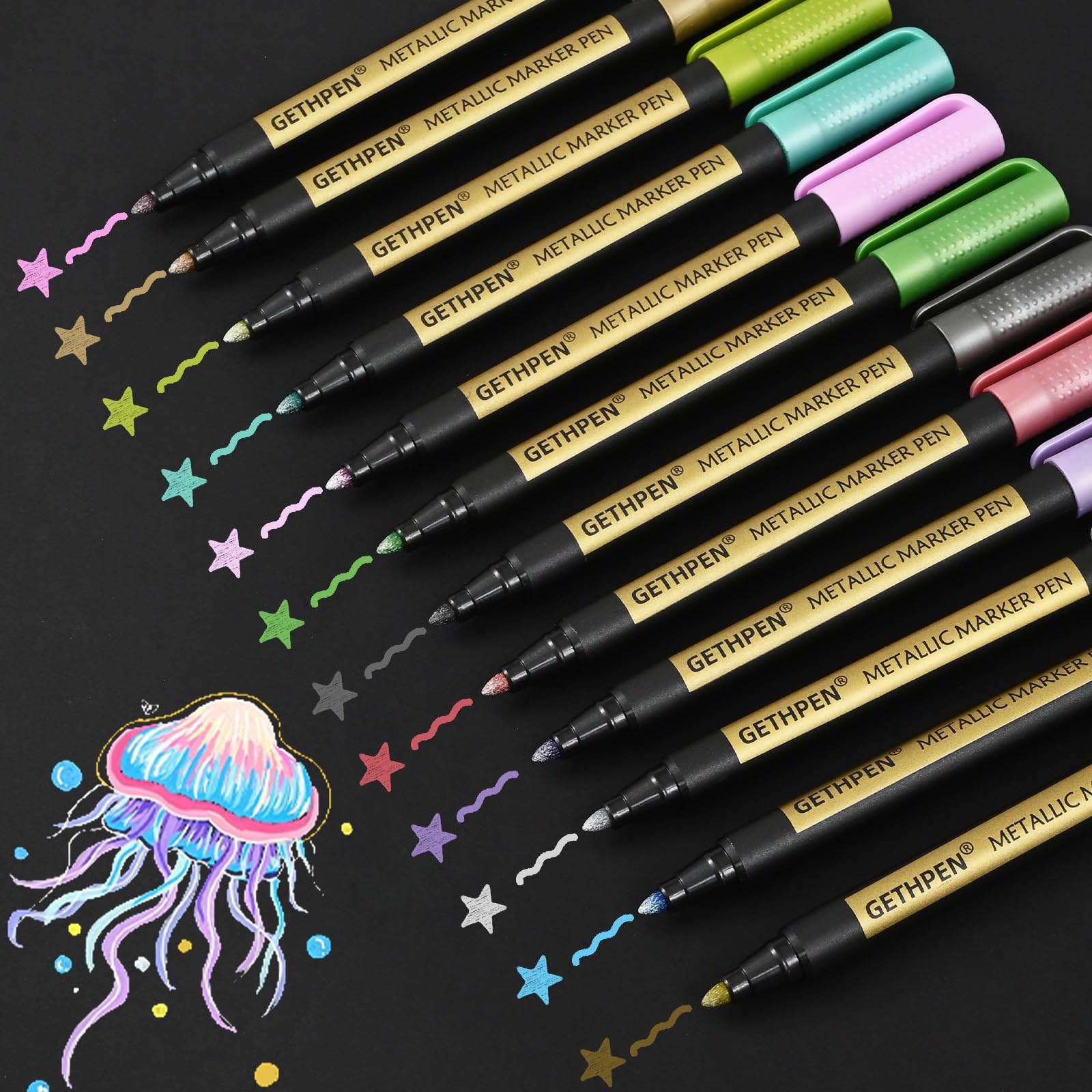 Photo 1 of GETHPEN Metallic Marker Pens, 12 Colors, Medium Tip