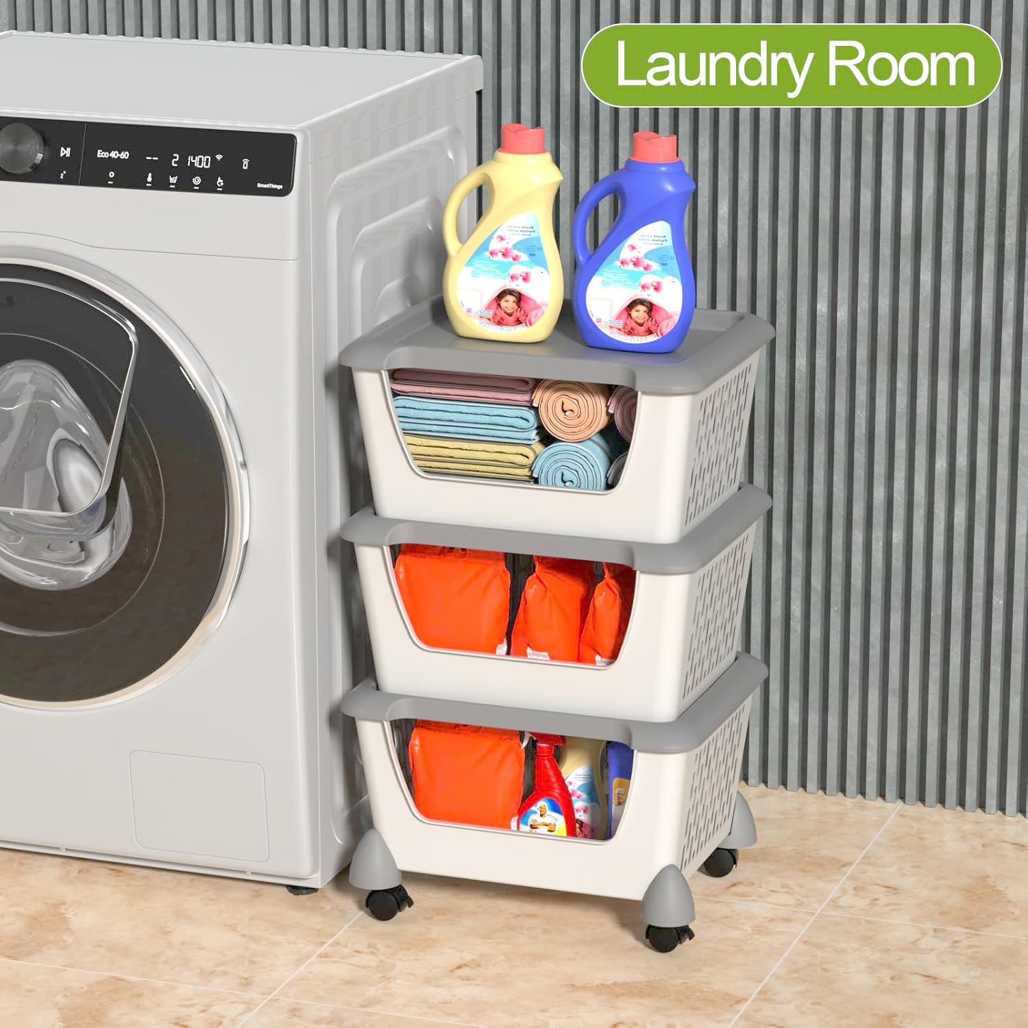 Gray Plastic Stacking Organizer Basket with Wheels, 3-Tier Multi-function Stackable Storage Basket