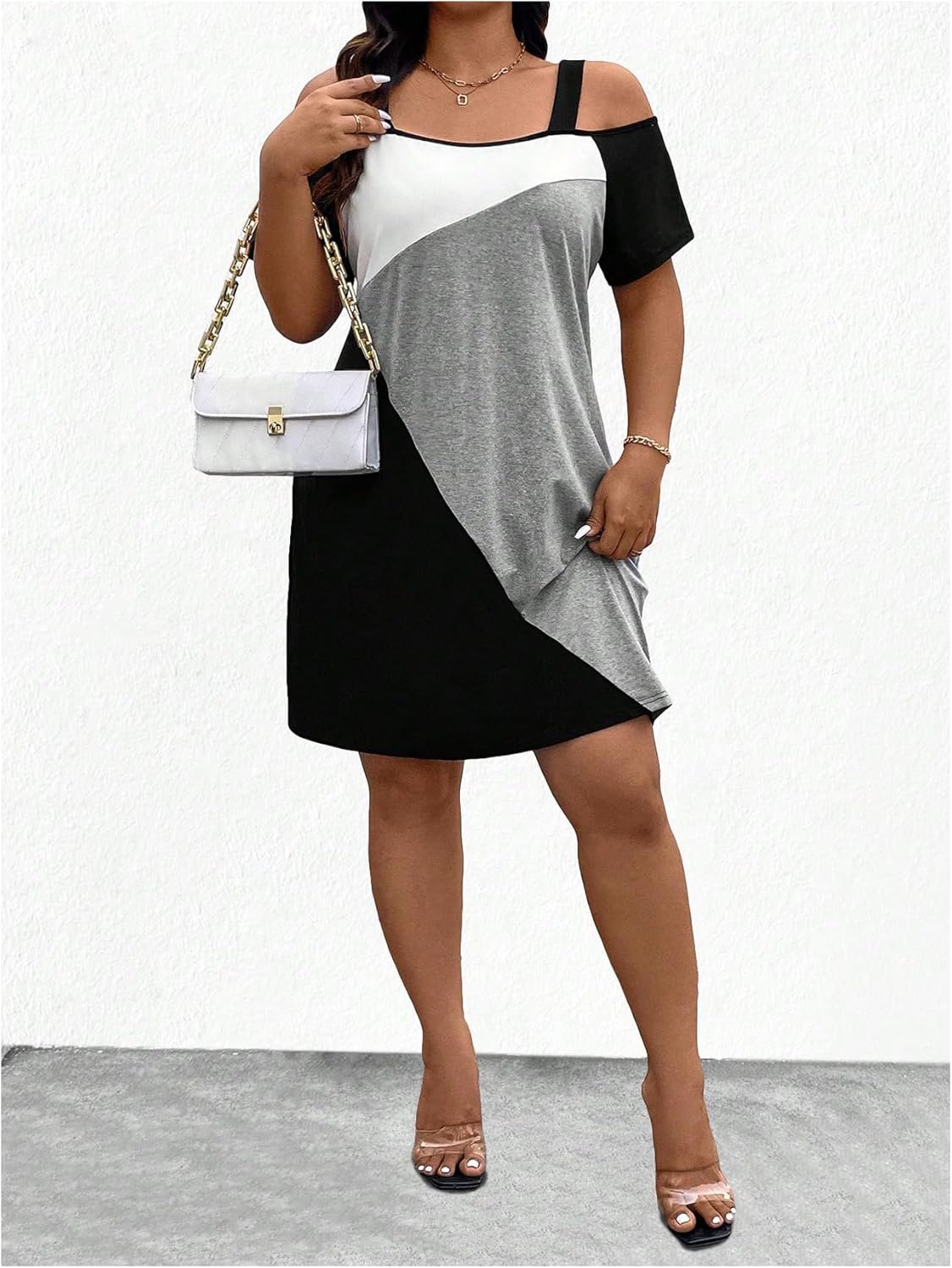 SOLY HUX Women's Plus Size Dress Cold Shoulder Color Block Short Sleeve T Shirt Dress Casual Summer Dresses - Image 5