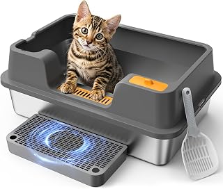 OROLEY Extra-Large Stainless Steel Cat Litter Box Features a Covered Design, High Sides to Prevent Litter from Spilling, an Easy-to-Clean Non-Stick Surface, and Includes a Raised Platform (Dark Gray)