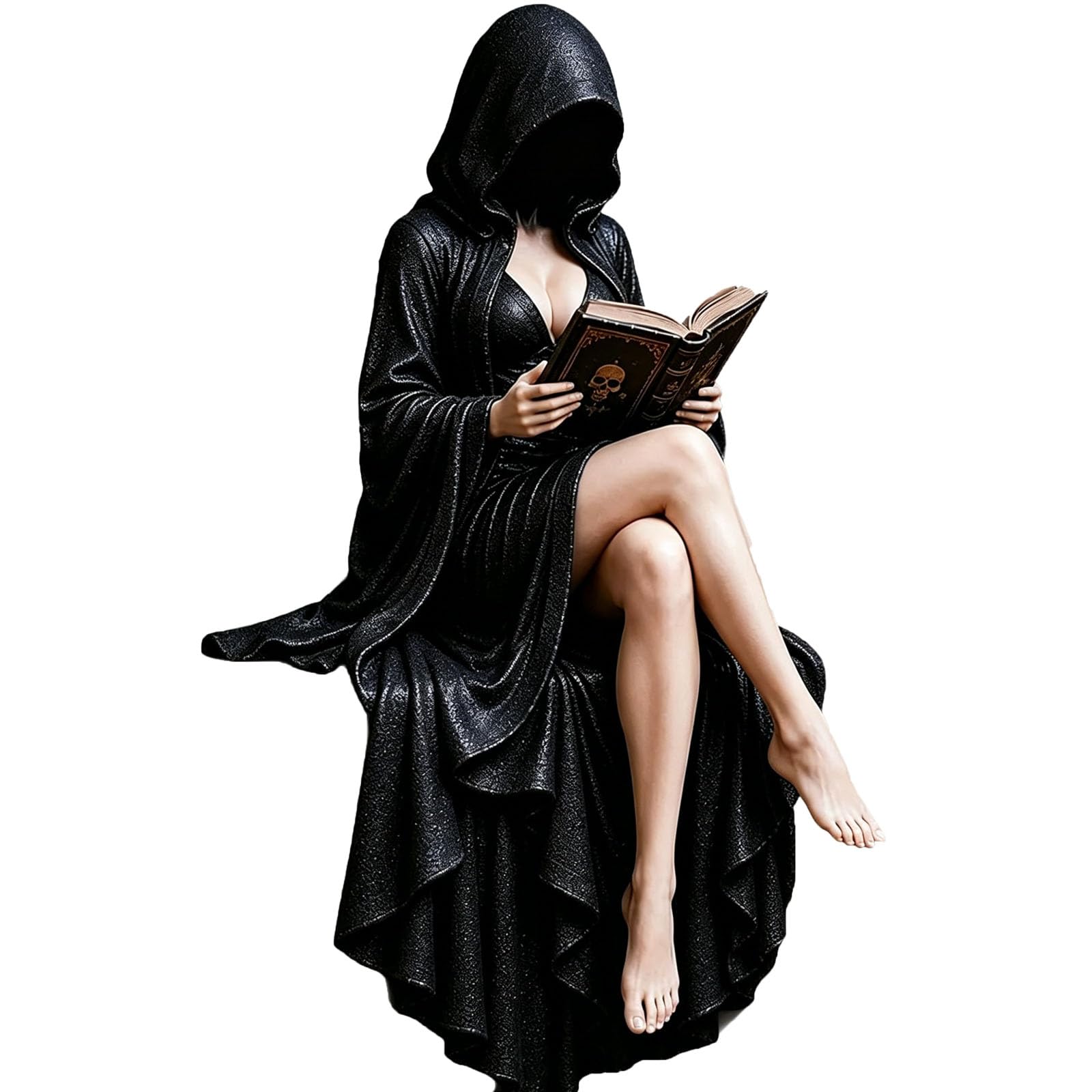 HYPYXUS Gothic Hooded Reader Figurine, Dark Academia Reading Statue with Skull Base, Faceless Mysterious Resin Bookshelf Decor Sculpture for Library, Desk, Home, for Book Lovers (C#)
