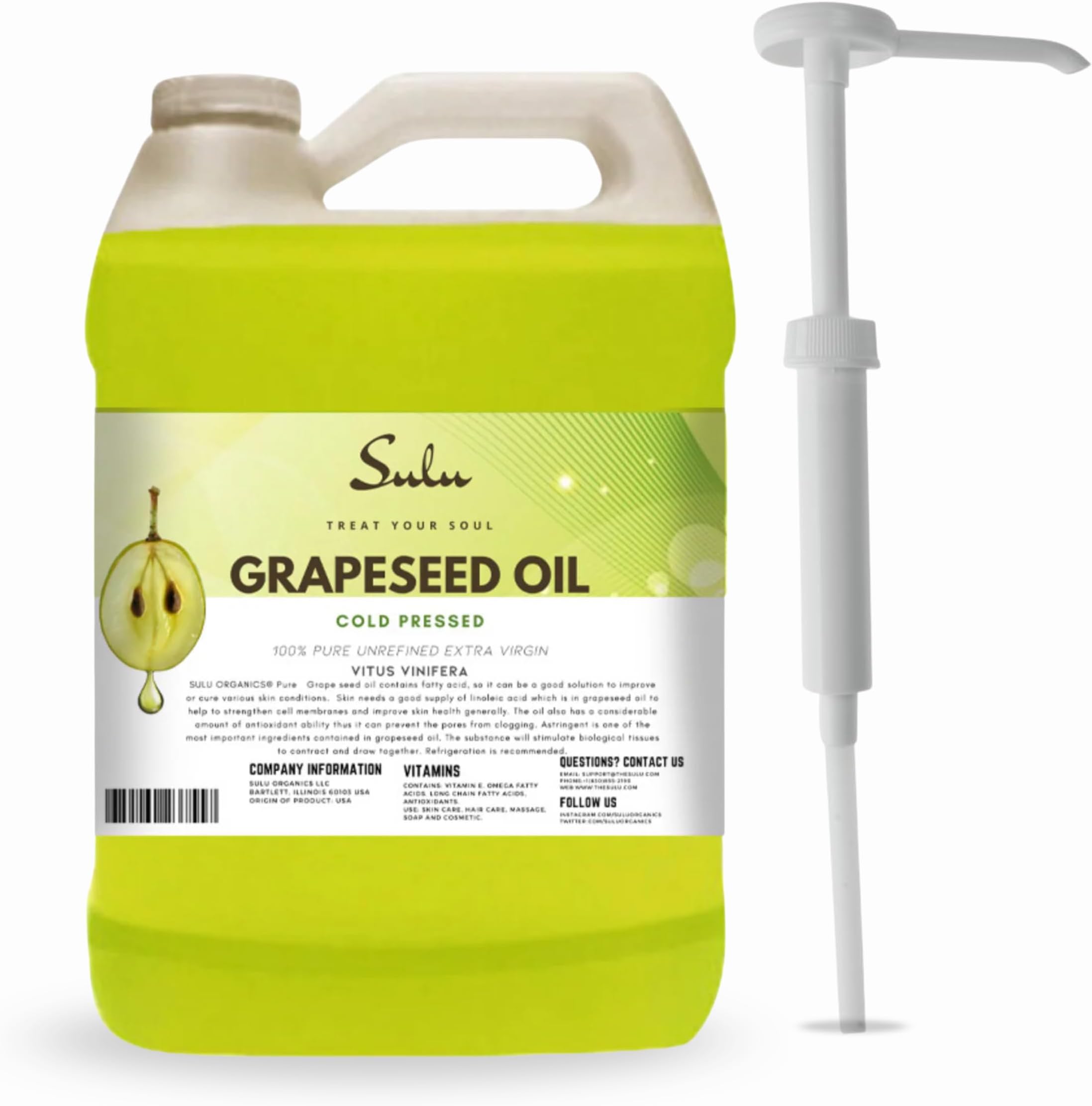 SULU ORGANICS 100% Pure Unrefined Grapeseed Oil Cold Pressed 1 Gallon (128 FL.OZ)