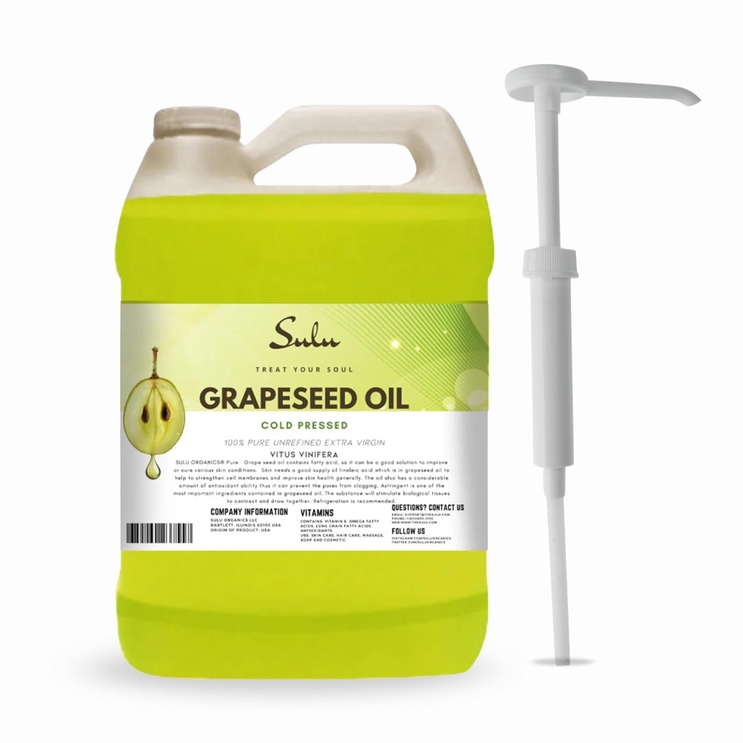 SULU ORGANICS 100% Pure Unrefined Grapeseed Oil Cold Pressed 1 Gallon (128 FL.OZ)