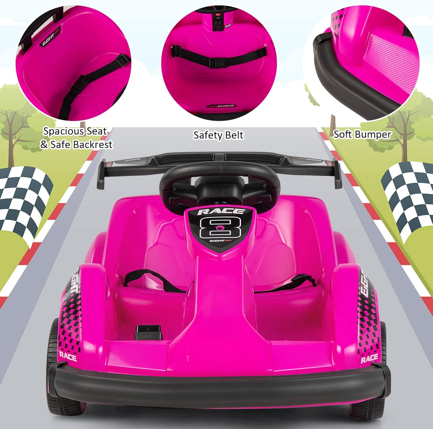 Costzon 6V Racer Go Kart with 2.4G Remote Control, Electric Kids Ride-on Toy with Safety Belt, Music, USB Port, Forward/Backward, 2MPH Max Speed, Battery Powered Go Kart for Kids 37-96 Months (Pink)
