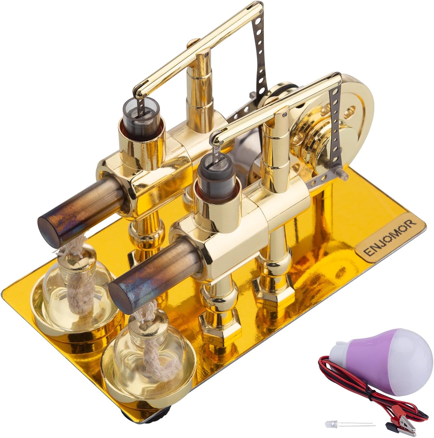 Hot Air Stirling Engine Model, Balance Dual Cylinder External Combustion Engine with LED Bulb, Sterling Engines Demonstration Teaching Tool, Metal Science Educational Model for Adult and Physics Hobby