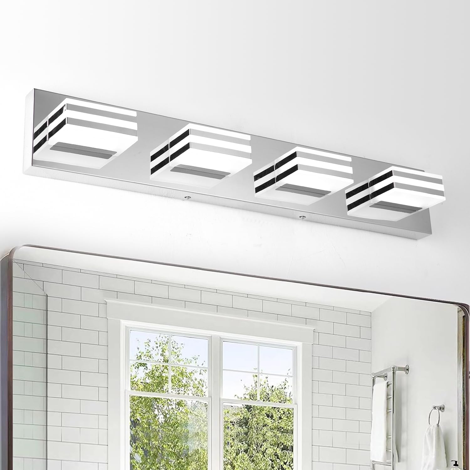 yumcrelect LED Modern Chrome Vanity Lights for Bathroom Over Mirror 24W Acrylic Stainless Steel Wall Lighting Sconces(4 Lights)