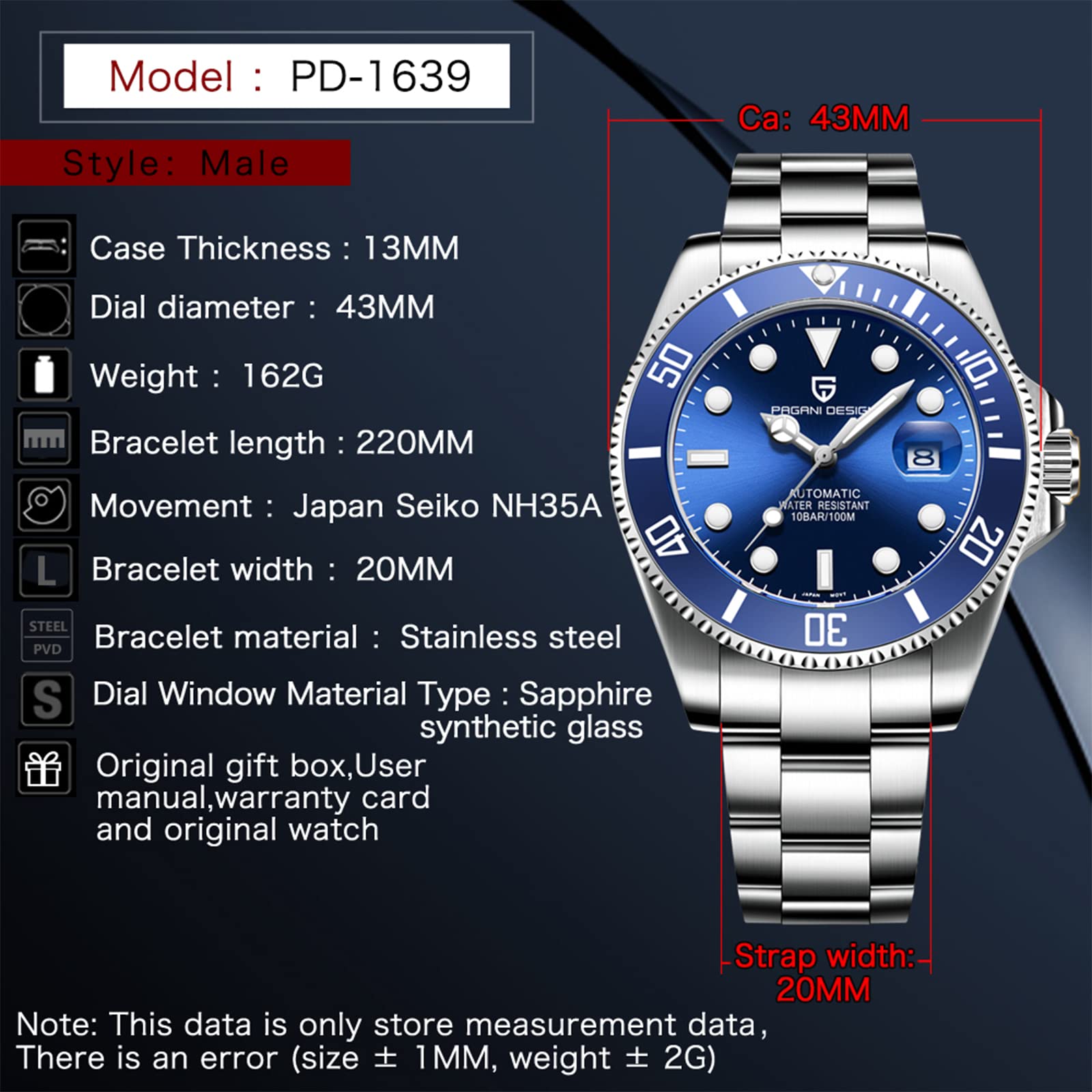 Watches for Men Pagani Design 42MM Automatic Watch NH35 Mechanical Stainless Steel Waterproof Diving WatchSilver Blue