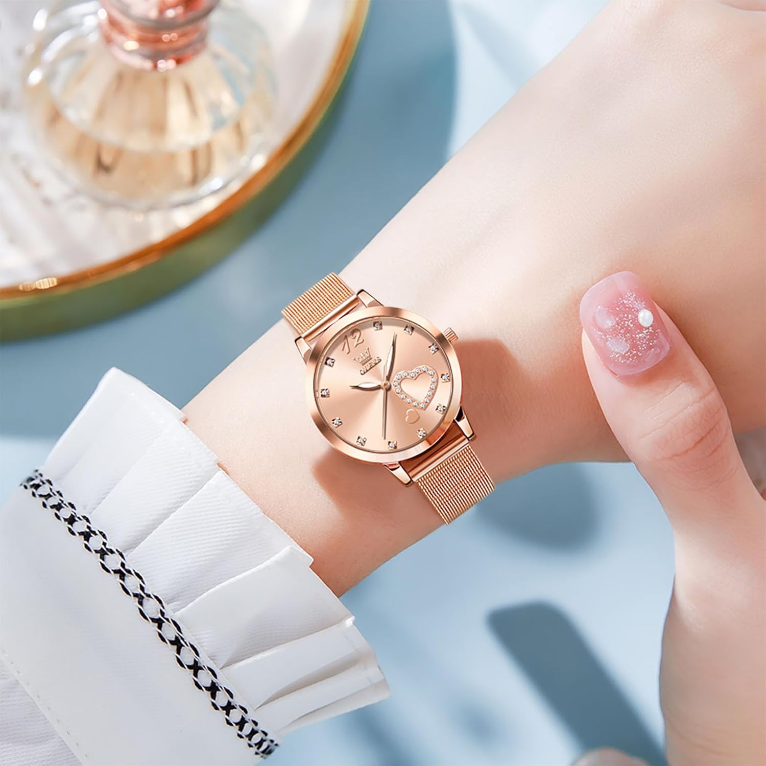 OLEVS Women Watches, Elegant Rose Gold Small Wrist Ladies Watch, Sophisticated Waterproof Mesh Bracelet Quartz Watch for Women - Image 3