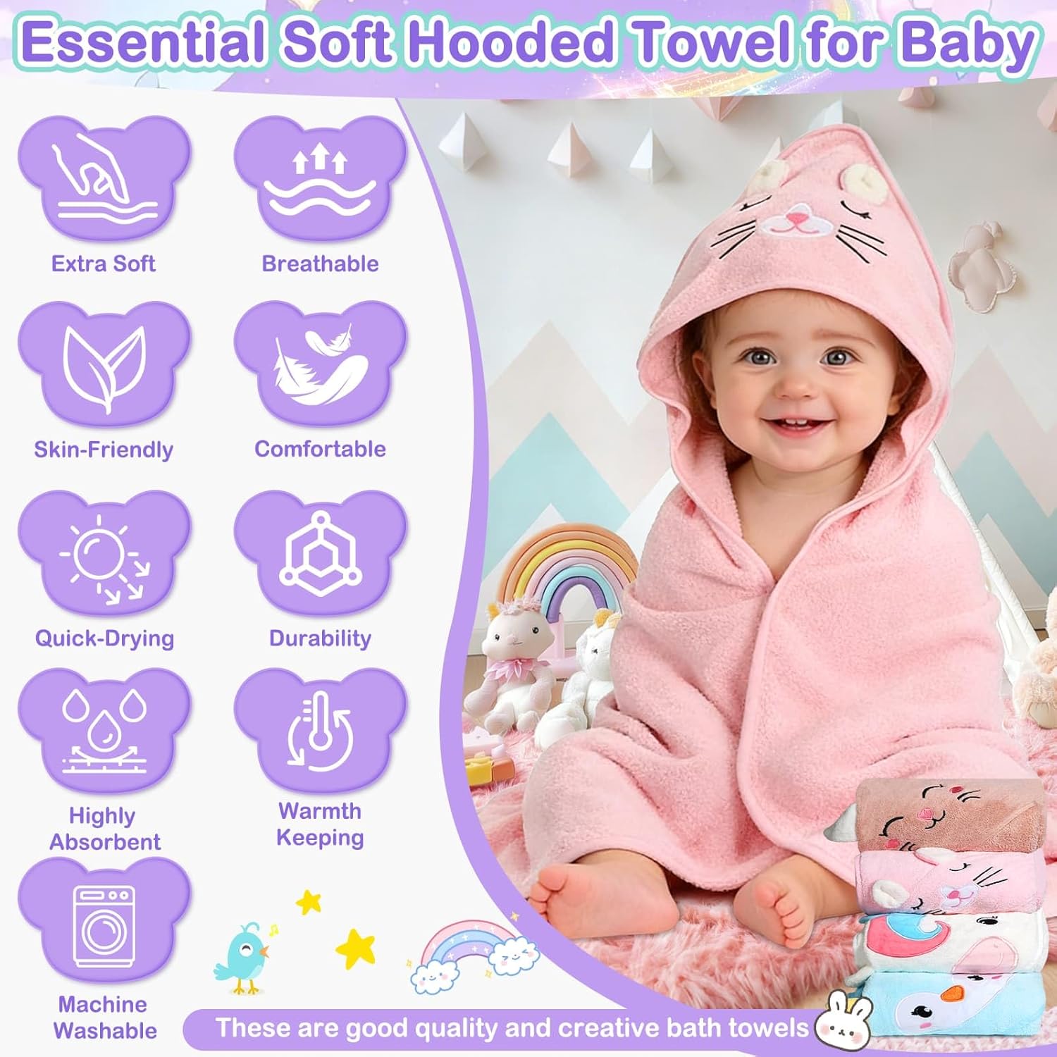 Flasoo 16 Pcs Baby Towels Set, Baby Towels and Washcloths Set,4 Pcs Animal Hooded Baby Towels, 4 Pcs Baby Bibs & 8 Pcs Washcloths Set for Infants, Toddlers and Kids-Unicorns, Rabbits, Kittens & Chicks