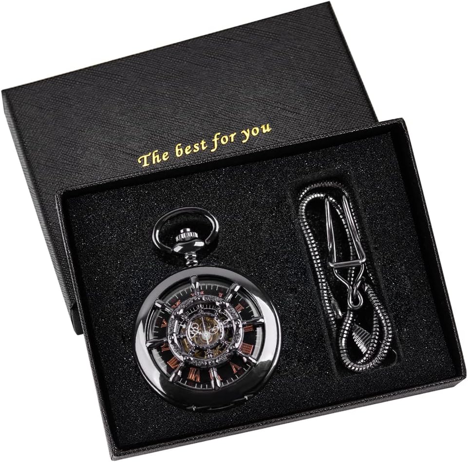 Men's Mechanical Holoow Design Hand Wind Pocket Watch Roman Numerals Steampunk with Chain Box
