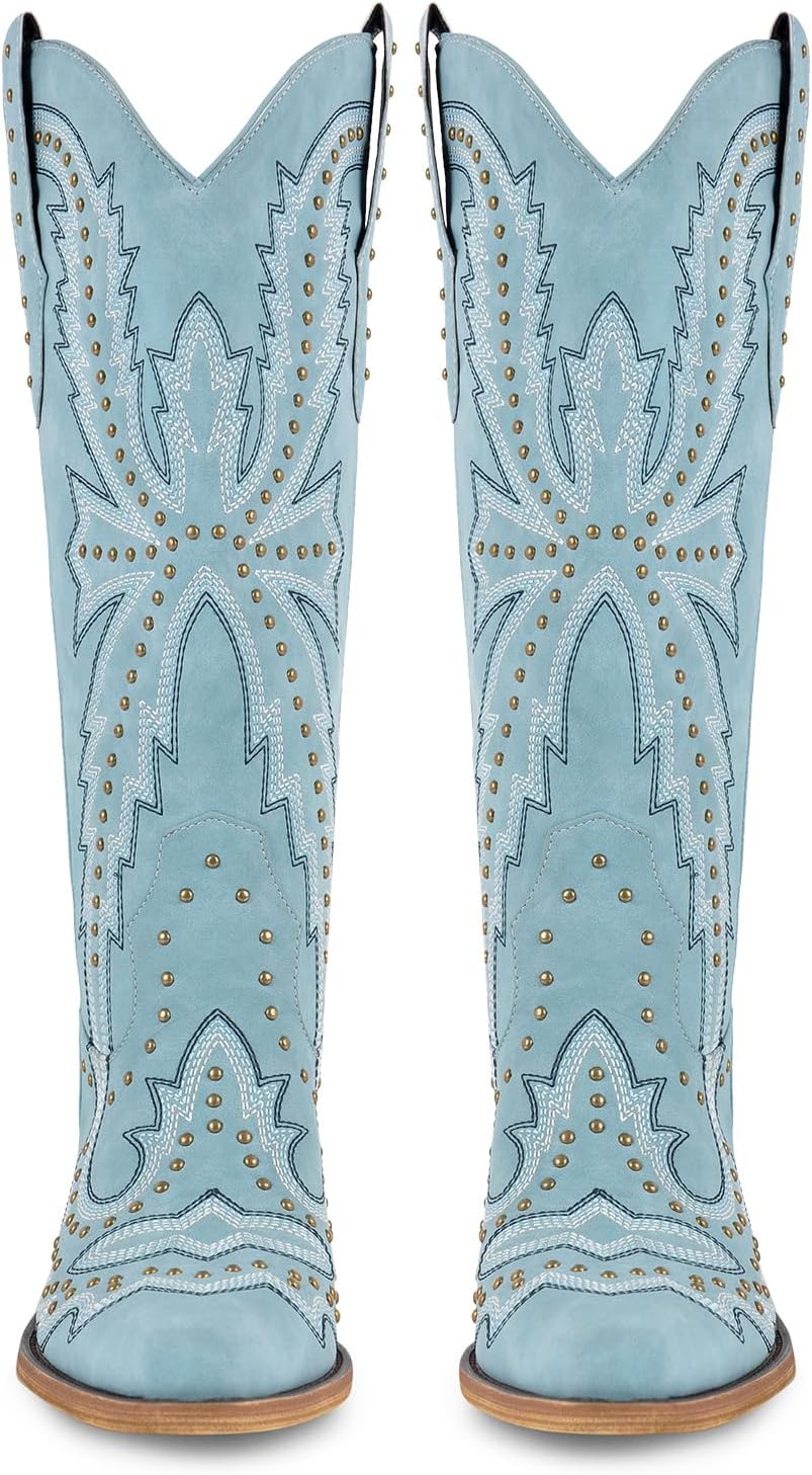 Richealnana Women's Cowgirl Round Roe Short Boots Embroidered Boots Chunky Heels