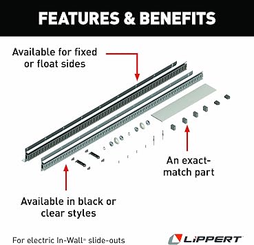 طقم إصلاح مزدوج للحامل في الجدار لأنظمة RV Slide-Out مع رفوف الخطاف ، V-Rollers ، Retainers ، Rivets ، أحذية الرف ، وسادات ارتداء ، سدادات ، رغوة الختم ، الجانب الثابت, أسود - 366209