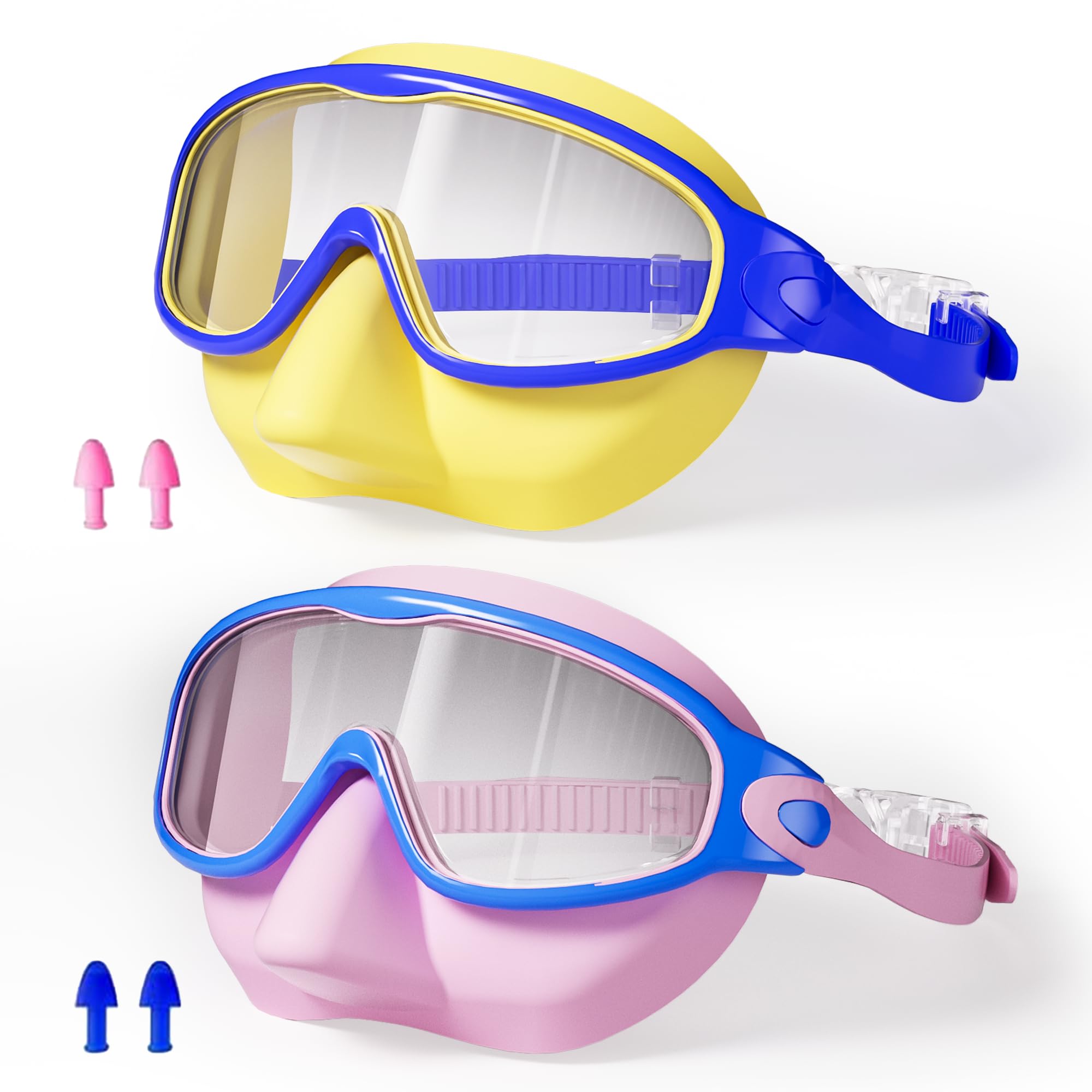 Occhialini da nuoto per bambini dai 3 ai 15 anni, con tappi per le orecchie, montatura grande, anti-appannamento/UV, con naselli, occhialini da nuoto per ragazzi e ragazze, 2 pezzi (blu