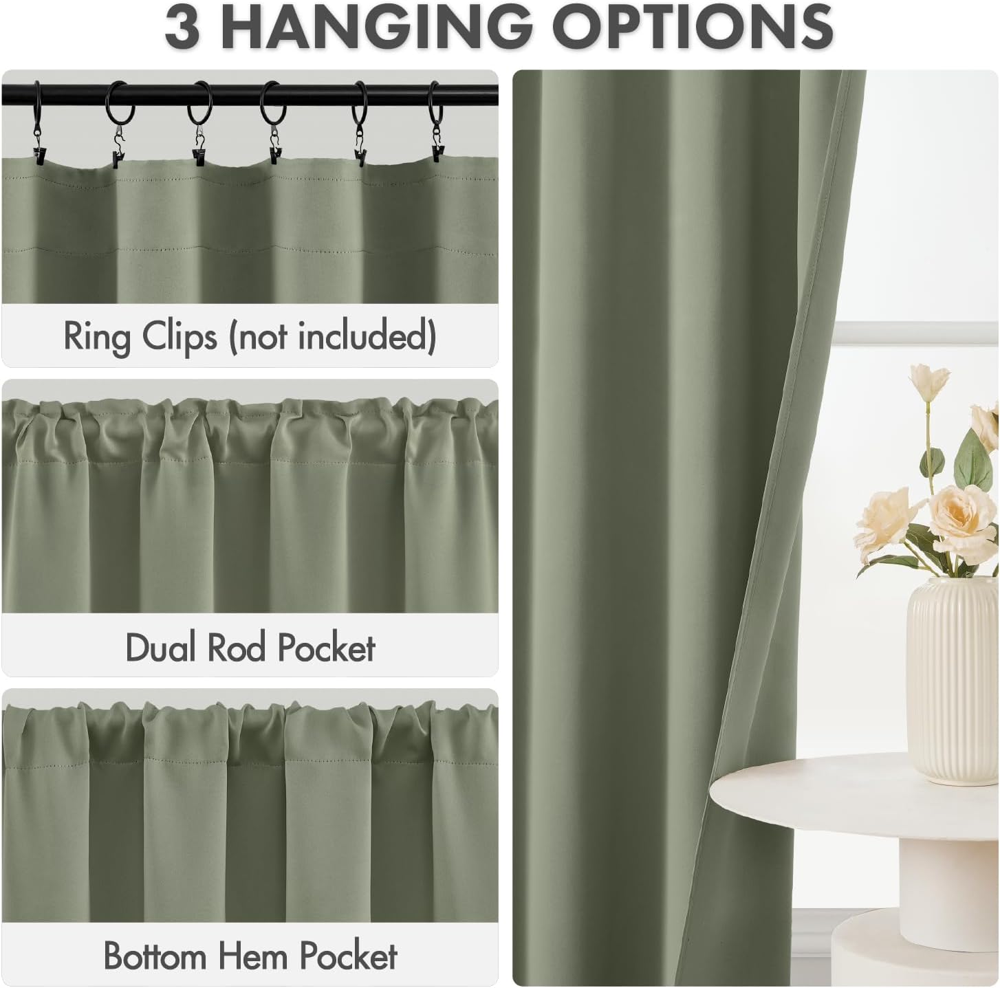 MIULEE Blackout Curtains 4 Panels Sets Sage Green 63 Inch Length, Top and Bottom Rod Pocket Room Darkening Curtains for Bedroom Windows, 4 Pack Solid Thermal Insulated Light Blocking Curtain Drapes