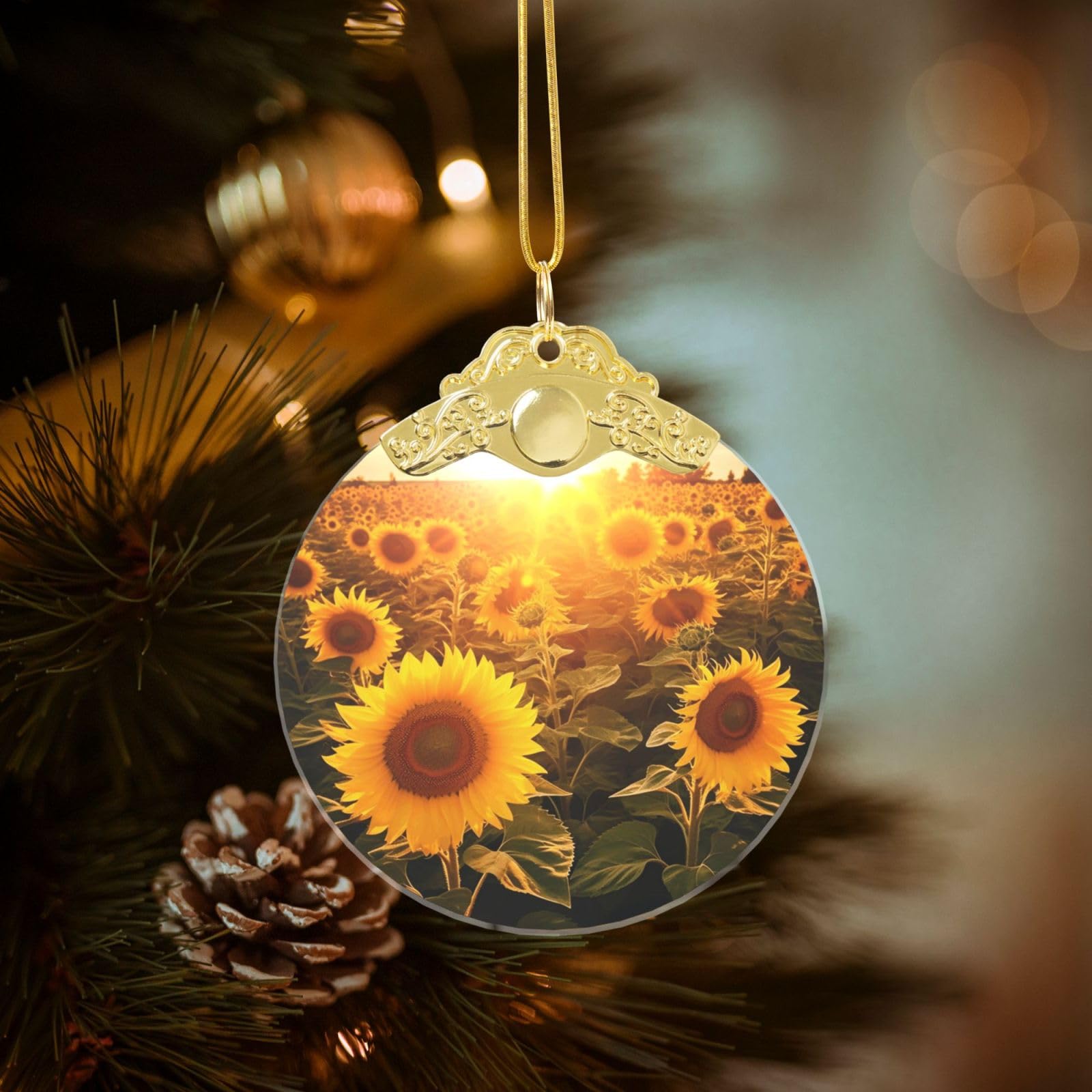 Crystal Christmas Ornaments for Christmas Tree Decoration Hanging Sunshine Sunflower Field Ornament with Gold Ribbon Crafts Round Pendant for Keepsake Gifts Glass Xmas Decor Party Supplies
