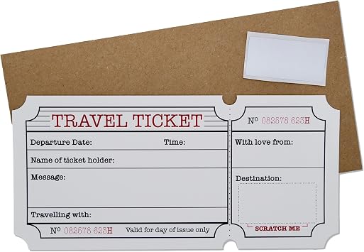 White Travel Ticket Vacation Holiday Surprise Card Gift, Scratch and Reveal Your Surprise Destination. Perfect for Valentines, Birthdays and Anniversarys!