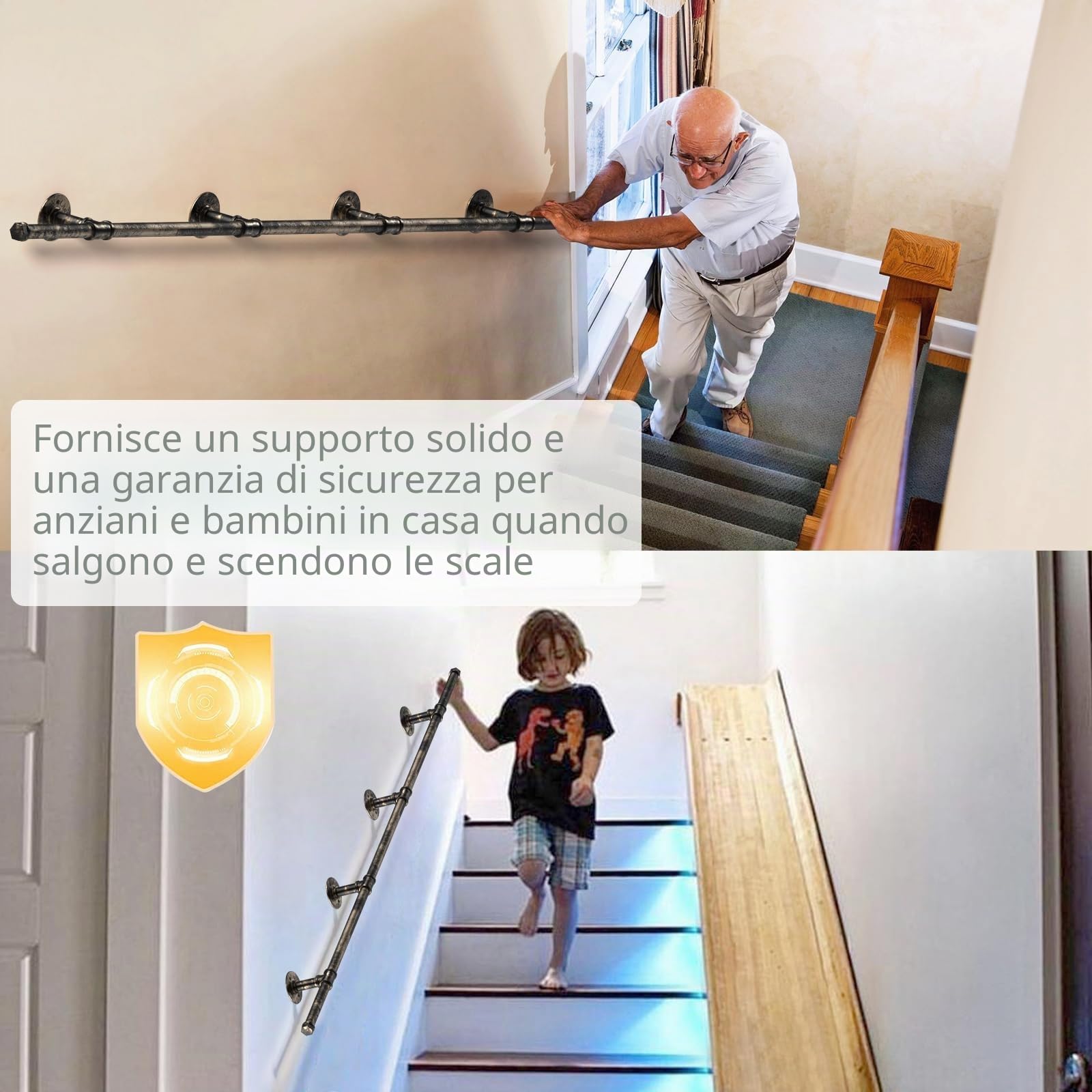 TANiCE Maniglione in Ottone per Scale Corrimano Antiscivolo in Acciaio con Tubo Industriale Supporto Robusto per Interni ed Esterni Installazione Facile per Bambini e Anziani (Bronzo 1,5m)