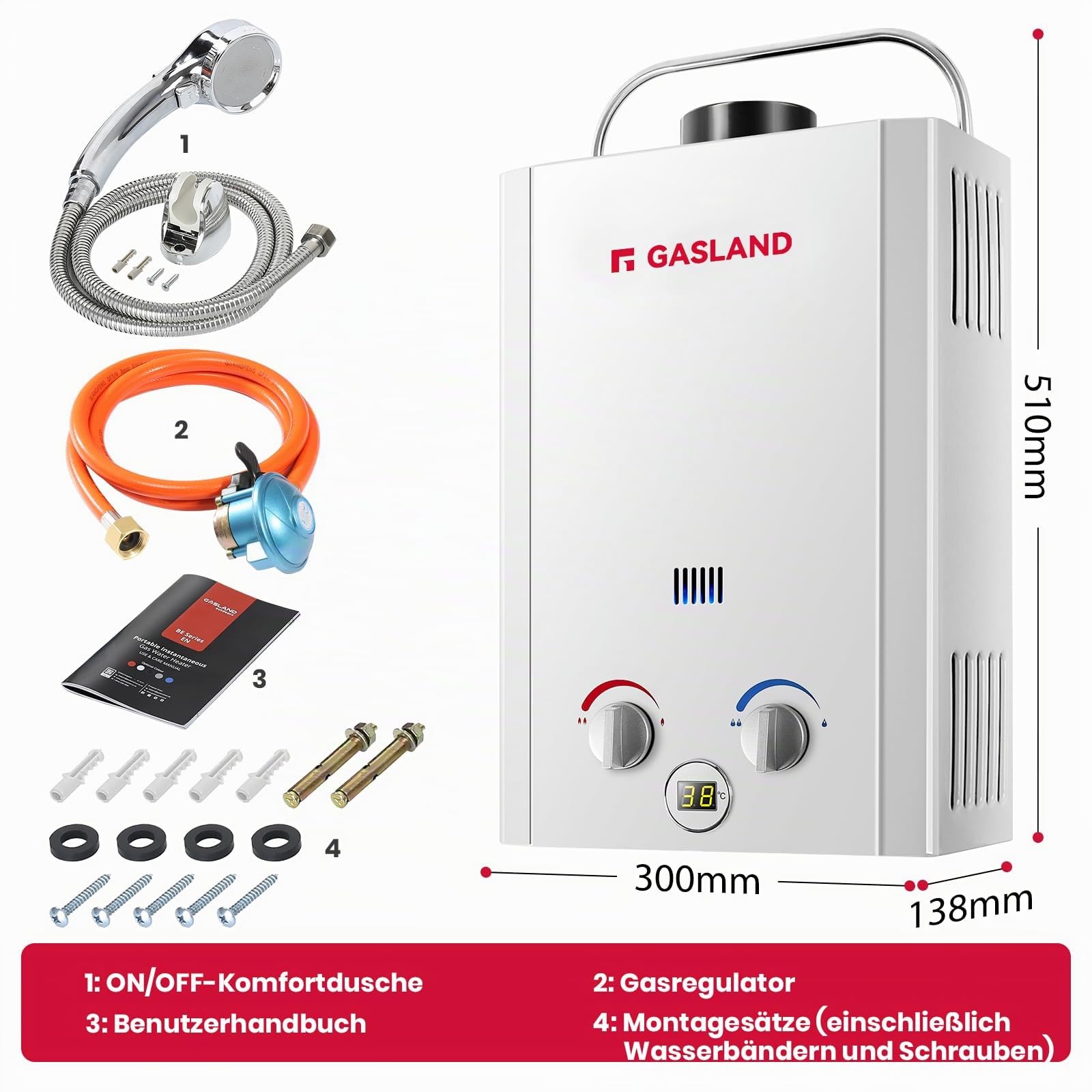 GASLAND BE158-UK - Chauffe-eau au gaz sans réservoir, 6 L, 30/37 mbar, chauffe-eau instantané LPG pour douche de camping, douche pour chevaux, camping-car et voyages