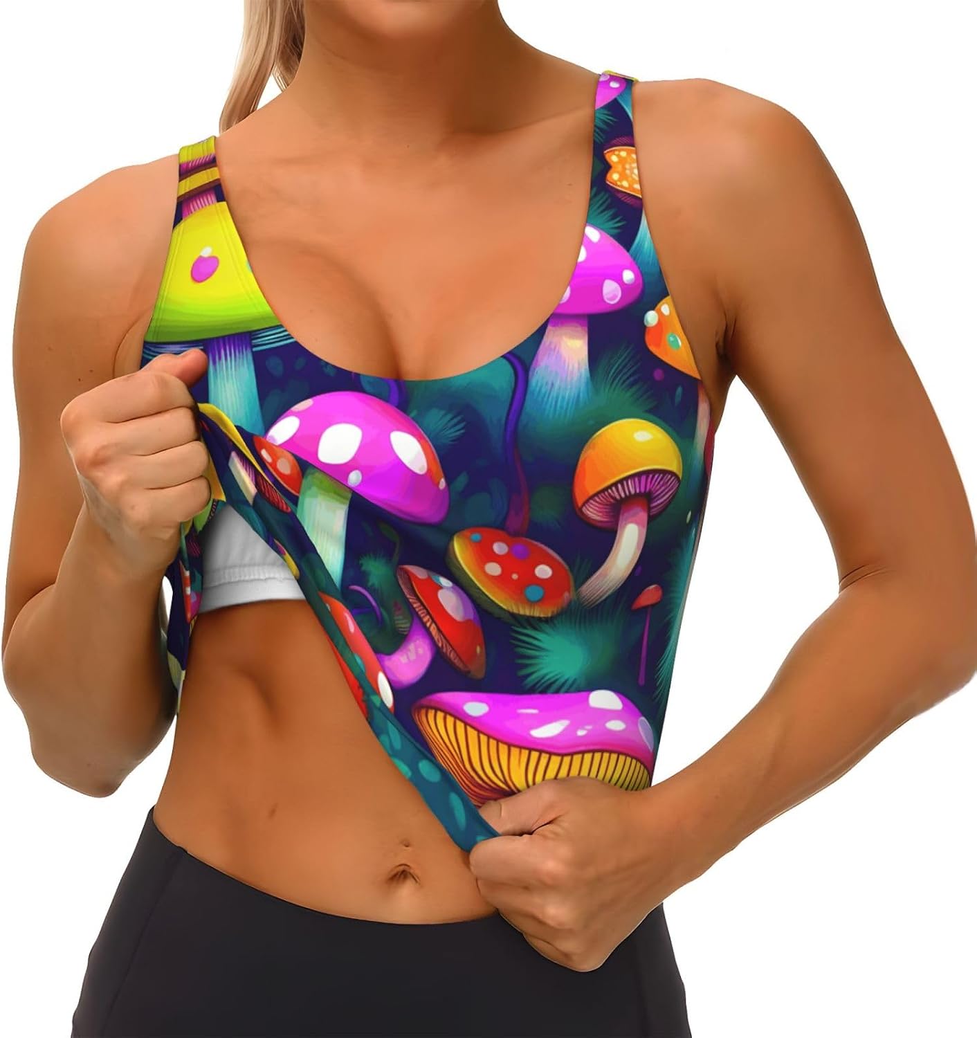 Bright Mushrooms Art Print Women's Sports Bra Tank Tops,Longline Sports Bras for Yoga,Workout and Running