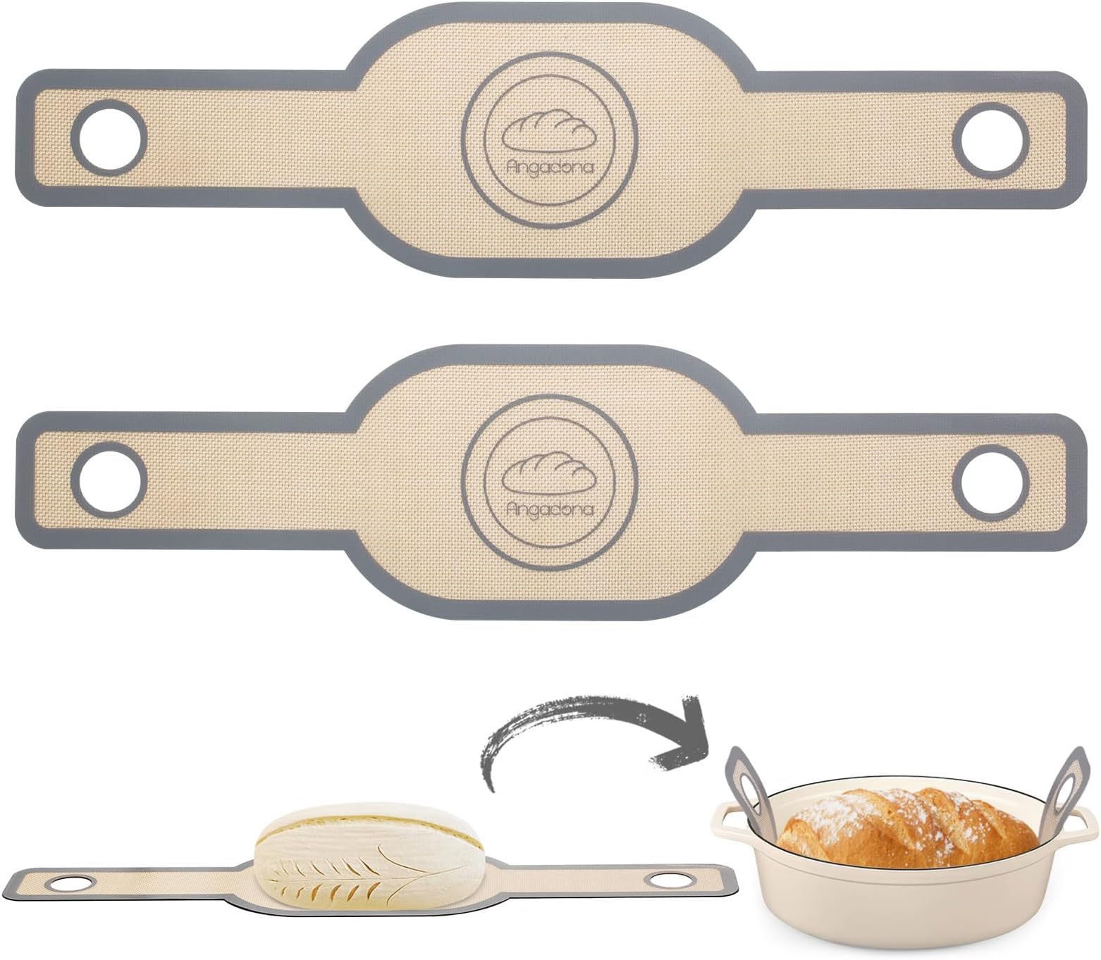 Silicone Bread Sling Oval- Non-Stick & Easy Clean Reusable Oval Silicone Baking Mat for Dutch Oven. with Long Handles Sourdough Bread Baking mat Tools Supplier Liner, 2 pcs Gray