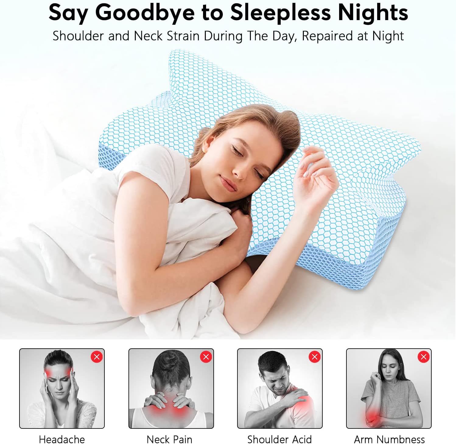 Anvo Cervical Memory Foam Pillows for Neck Pain, Neck Pillows for Pain Relief Sleeping, Contour Pillow for Side Sleeper, Bed Pillow for Back Stomach Sleeper - Blue Soft