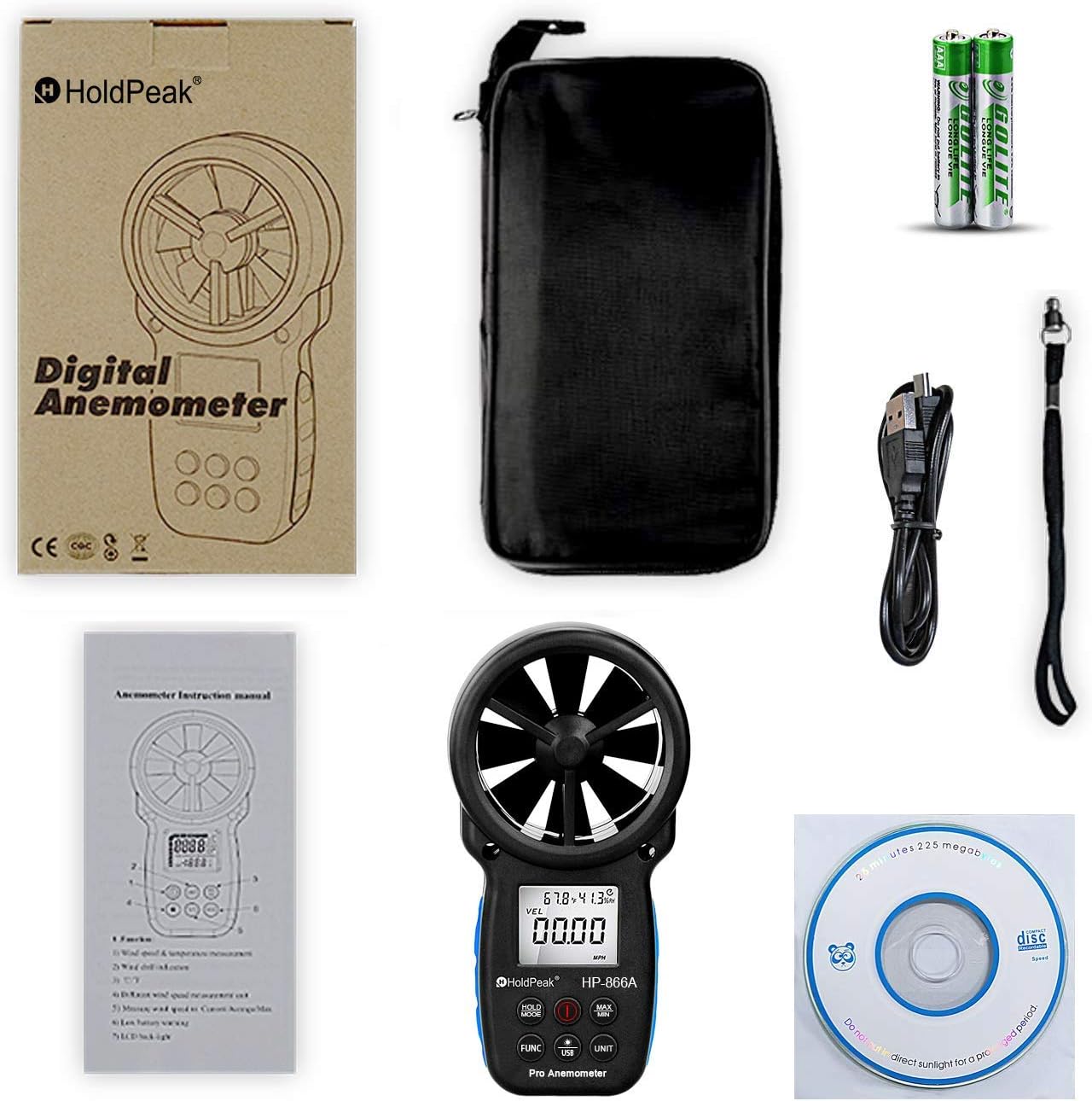 Digital Anemometer HOLDPEAK 866A Pro Handheld CFM Wind Speed Meter Via USB Connect PC Measures Wind Speed Temperature Dew Point Air Flow Meter with Data Hold & USB & Relative Humidity (Black) : Patio, Lawn & Garden
