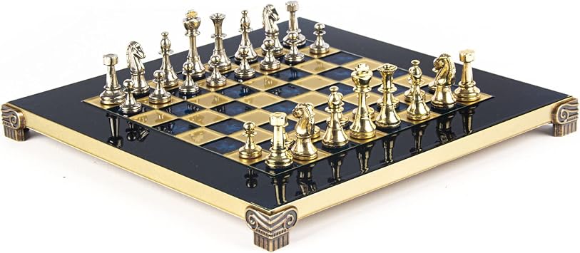 Classic Metal Staunton Small Chess Set - Brass Nickel Pawns - Blue Chess Board