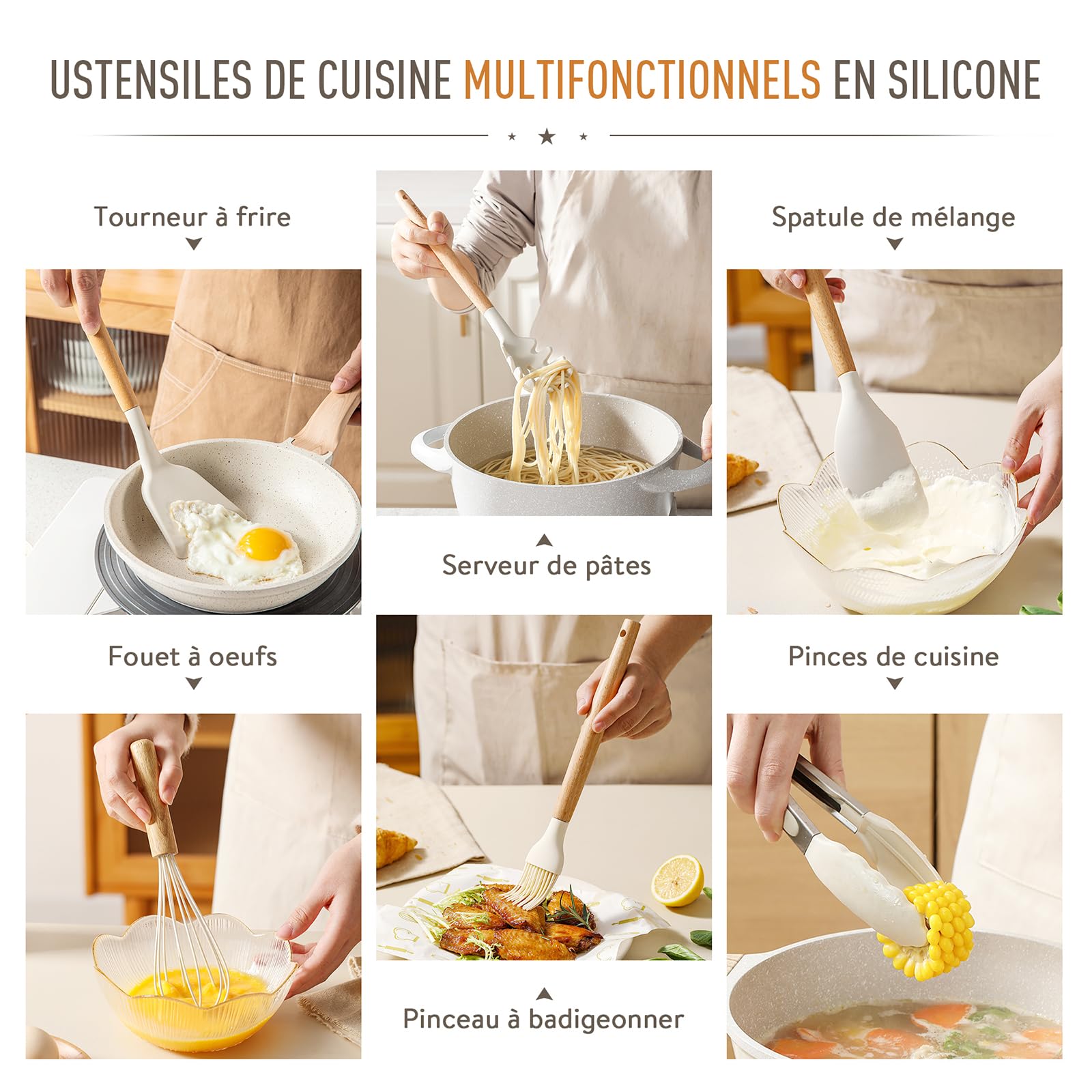 CAROTE Set de 16 Ustensiles de Cuisine Silicone Résistant à la Chaleur, Antiadhésive Anti-Rayures Cuisine Accessoires, Poignée anti-casse, Sans BPA, pour Toute la Famille