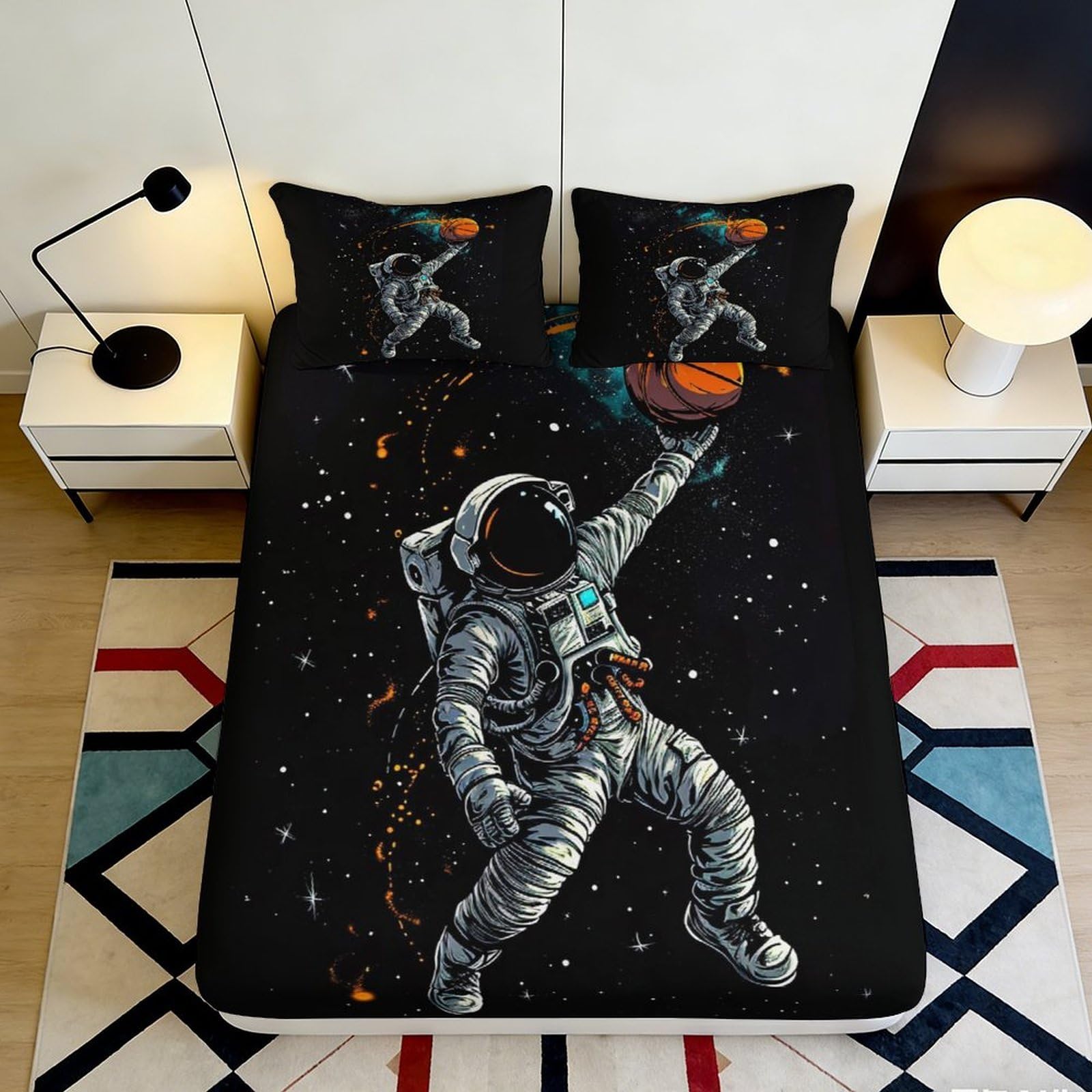 3D Printed Astronaut Basketball Fitted Sheet Microfiber Soft Durable Space Theme Bed Cover for Bedroom Dormitory Guest Room Mattress Protection 180x200x25cm