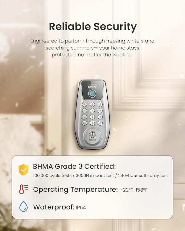 DESLOC C110 Keyless Entry Door Locks with Fingerprint & Keypad, Smart Deadbolt, Built-in Display, 50 Fingerprints, Auto Lock, 12-Month Battery, IP54 Waterproof, BHMA Grade 3 Security, 2 Keys (Sliver) by DESLOC - Image 7