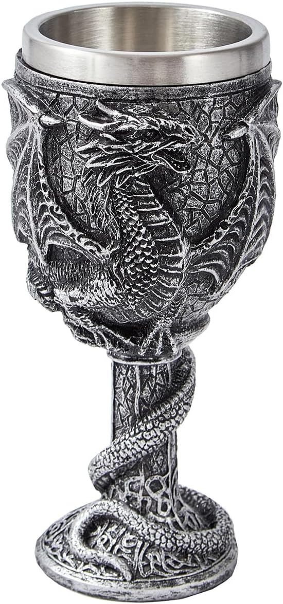 Dark Silver Dragon Goblet, Stainless Steel Inner Liner Dungeons and Dragons Gift Chalice Wine Goblet 7 oz, 6.8 Inches Tall, Hand-Painted Resin (Antique Silver)