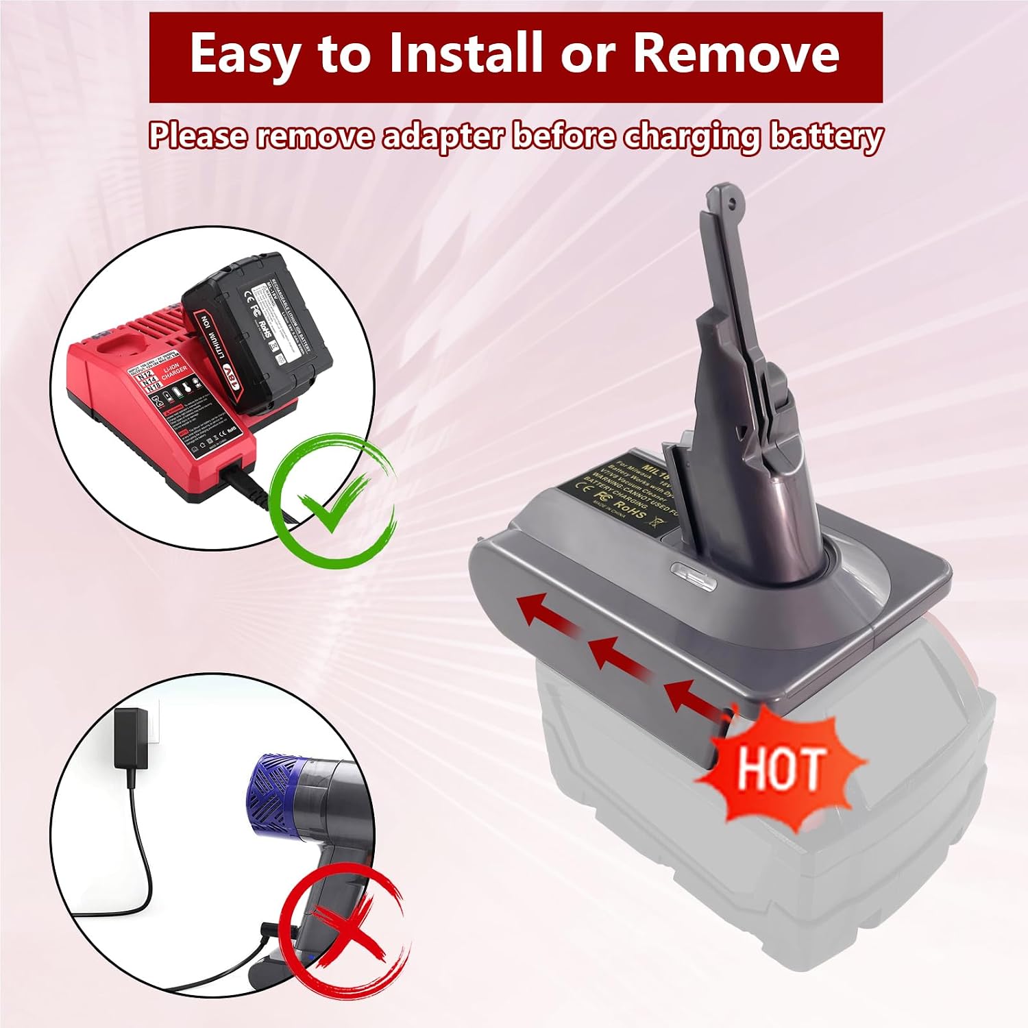 New V8/V7 Battery Adapter Compatible with Dyson V8 Battery Adapter for Milwaukee M18 18V Battery to Dyson V7/V8 Handheld Vacuum Converter for Dyson V7/V8 Series Vacuum Cleaner, with Trigger Lock