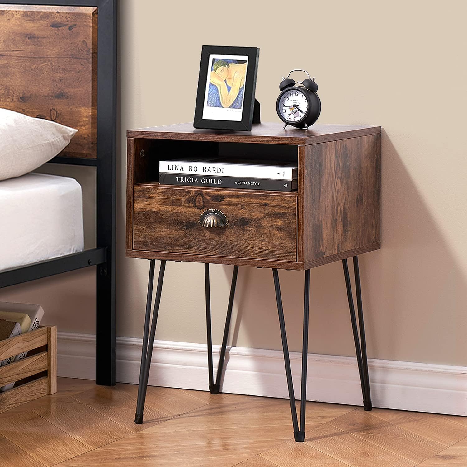 VECELO Nightstand 2-Tier Industrial End Side Table with Open Compartment & Drawer, Accent Furniture for Small Spaces, Easy Assembly, Rustic Brown