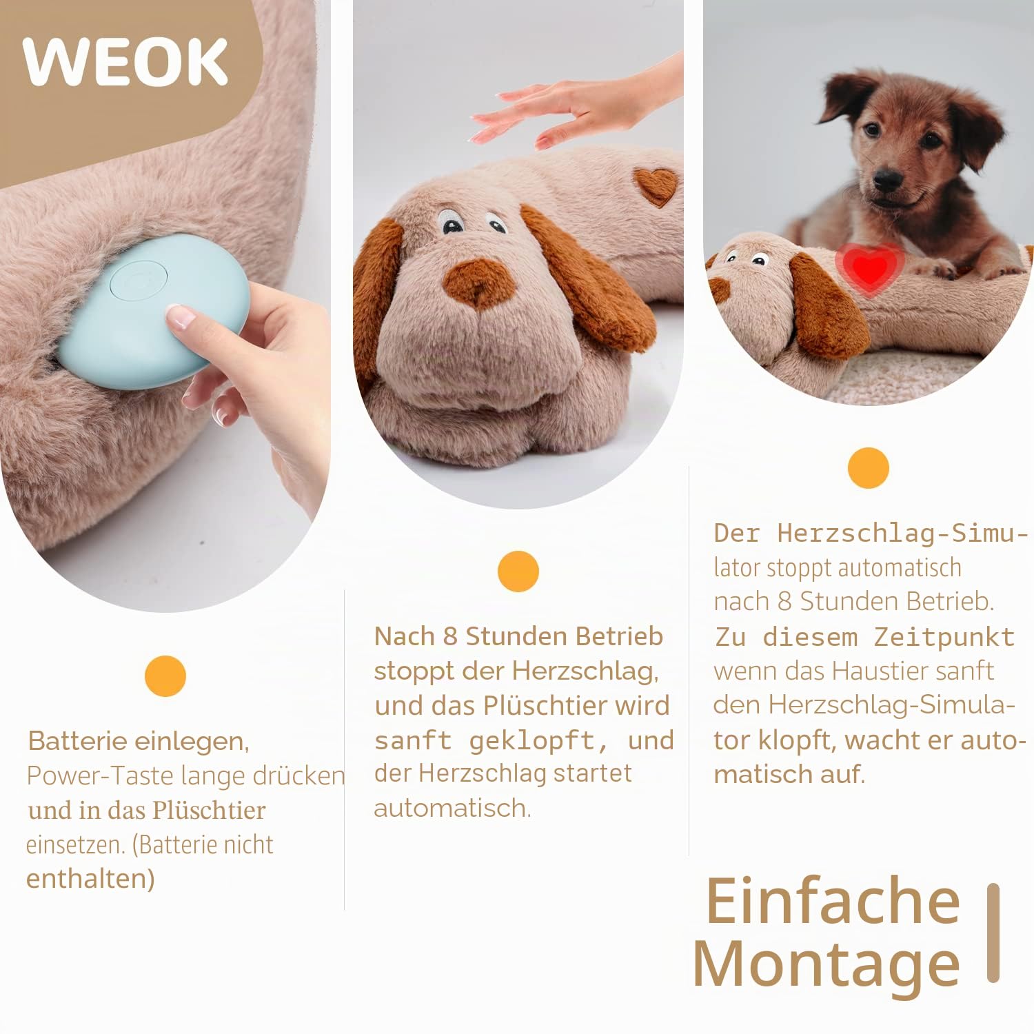 WEOK Heartbeat Welpe Plüsch Hundespielzeug, Welpe Herzschlag Stofftier für Hunde Angst Linderung Verhalten Hilfe Spielzeug (Brown +Big)