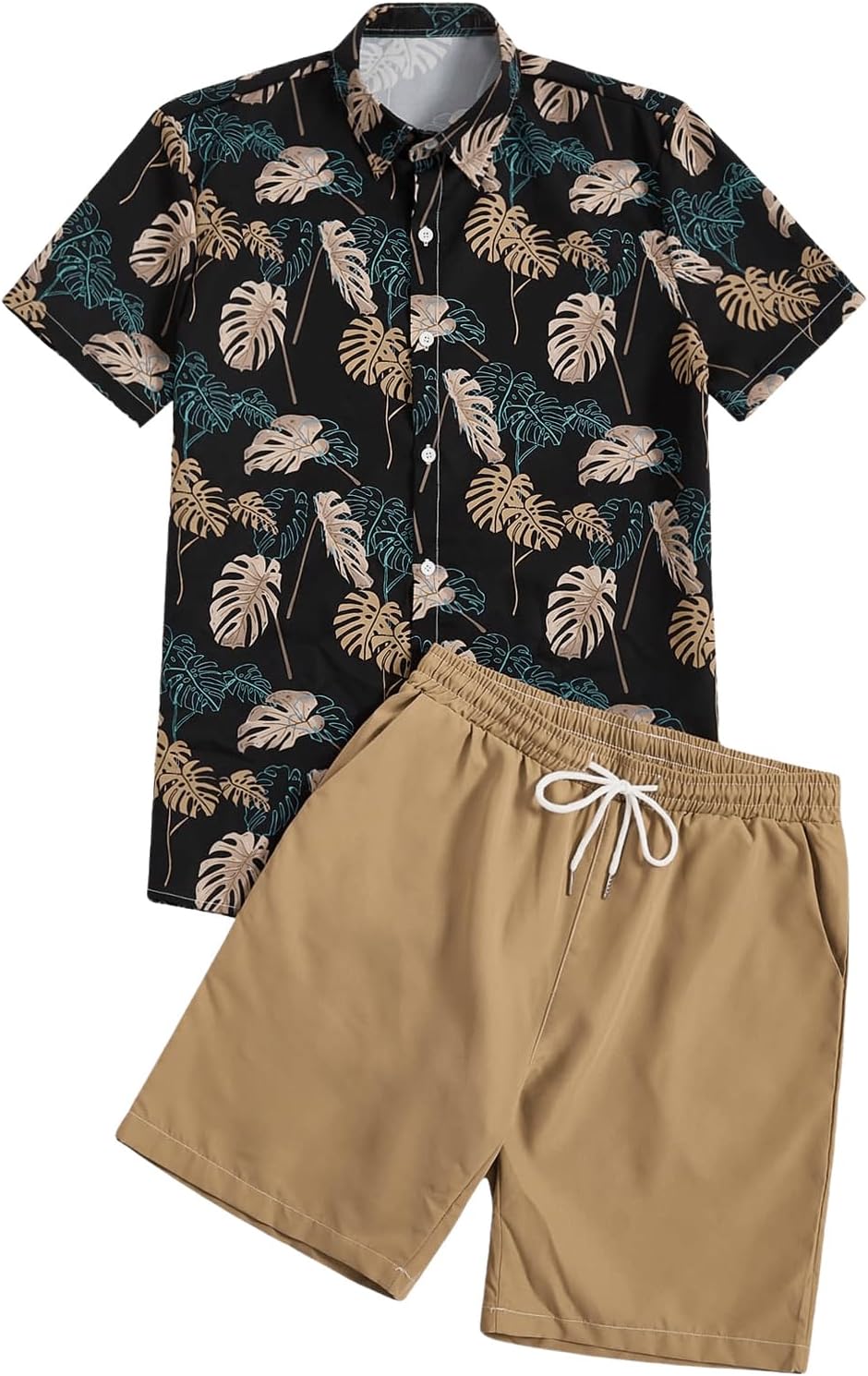 OYOANGLE Men’s 2 Piece Tropical Print Button Down Short Sleeve Shirt and Drawstring Shorts Set Hawaiian Outfits
